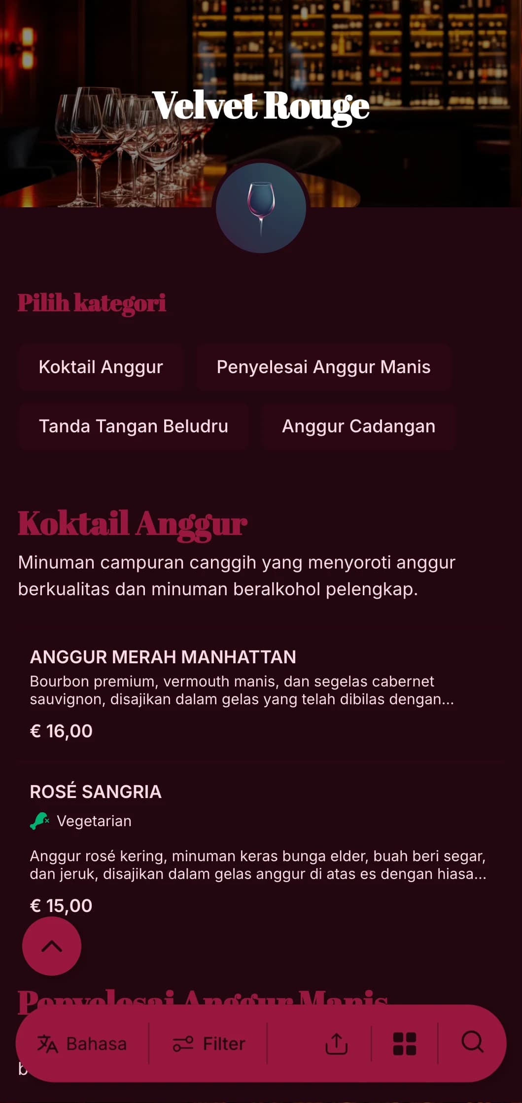 Desain yang mewah dan dramatis untuk bar dan lounge anggur kelas atas yang menampilkan warna merah yang kaya dan tipografi yang berani.