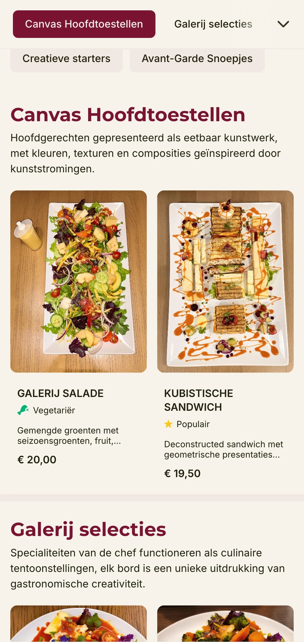 Creatief, op kunst geïnspireerd lunchmenu-ontwerp met opvallende kleuraccenten en expressieve lay-out, ideaal voor restaurants in de buurt van galerieën en artistieke wijken.