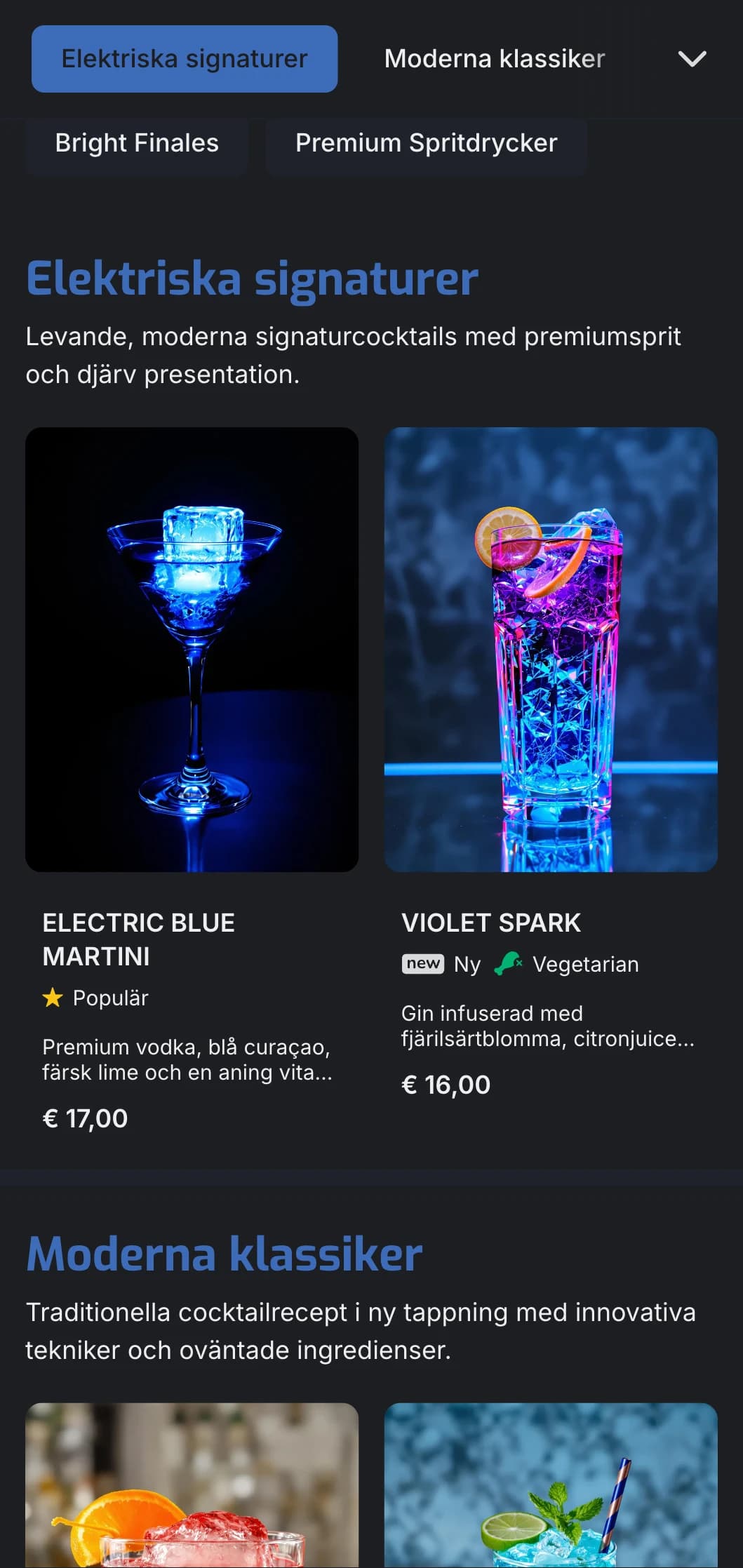 En livfull, modern design för moderna cocktailbarer och lounger med elektriskt blå accenter och ren typografi.