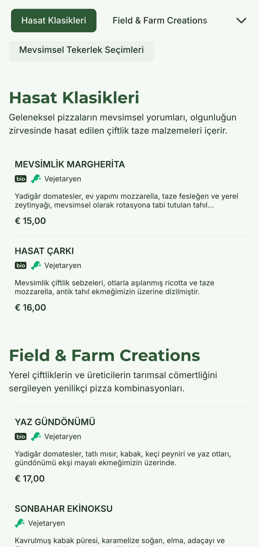 Mevsimlik malzemeleri ve rustik hazırlığı kutlayan çiftlikten masaya pizza menüsü.