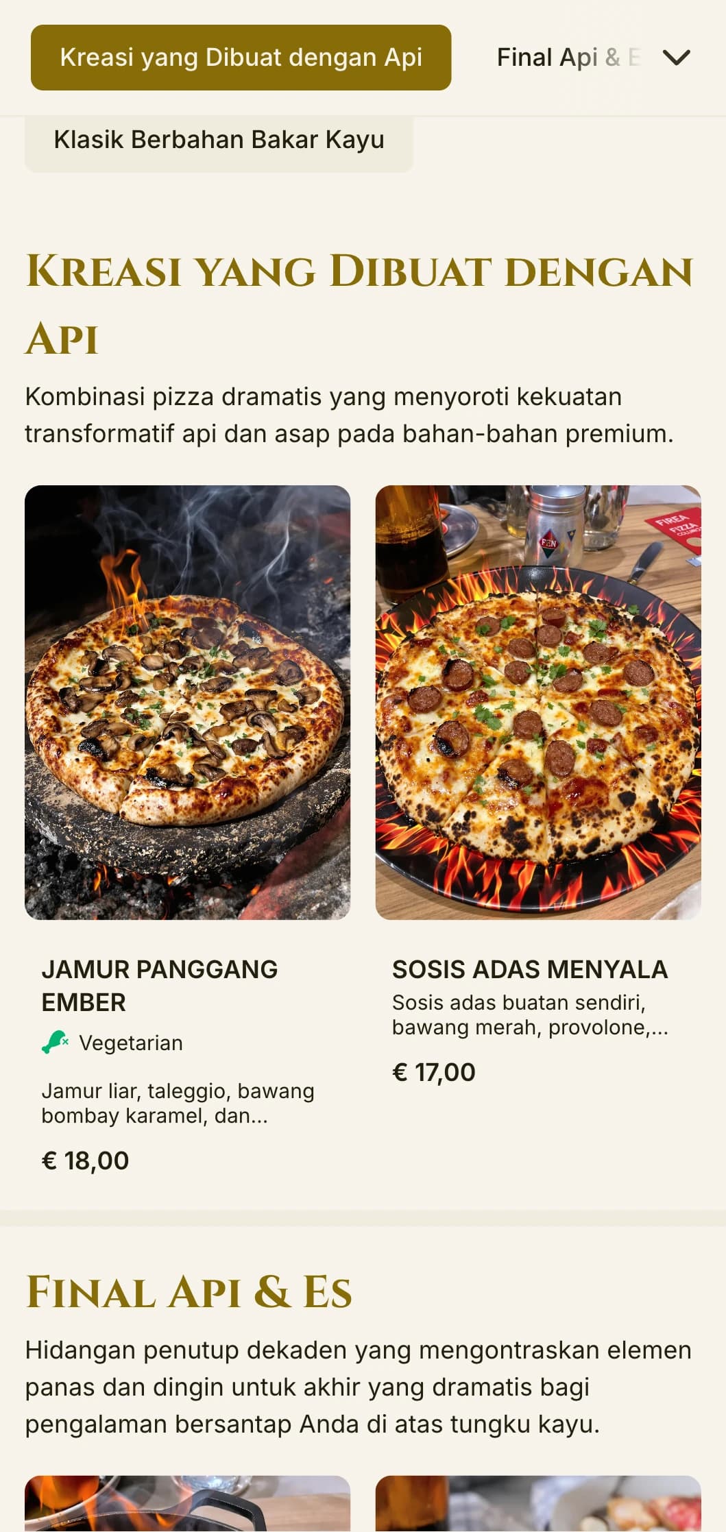 Menu pizza dramatis yang menampilkan warna-warna yang kaya dan tipografi yang berani untuk para spesialis kayu bakar.