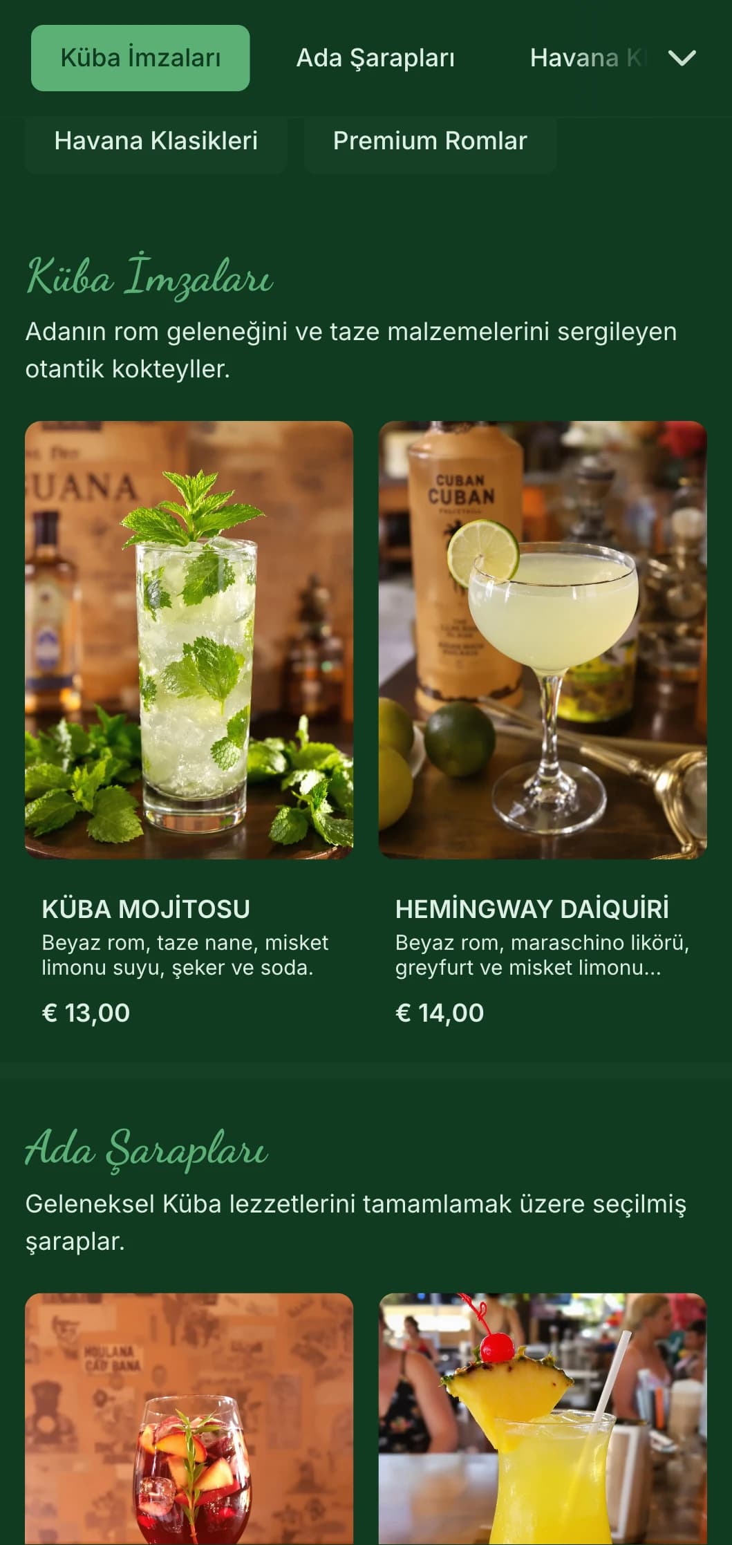 Küba esintili rom barları için vintage öğeler içeren tropikal yeşil tasarım.