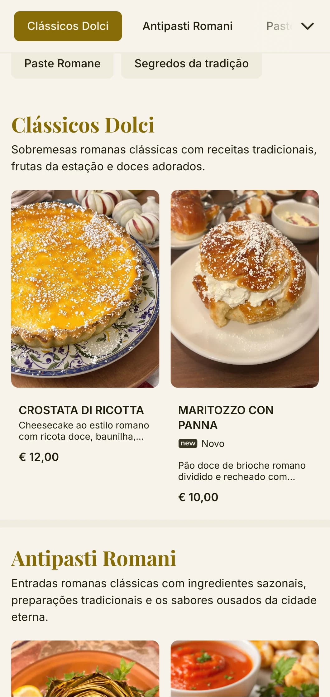 Design atemporal com referências históricas sutis e paleta de cores quentes que refletem a herança culinária de Roma.