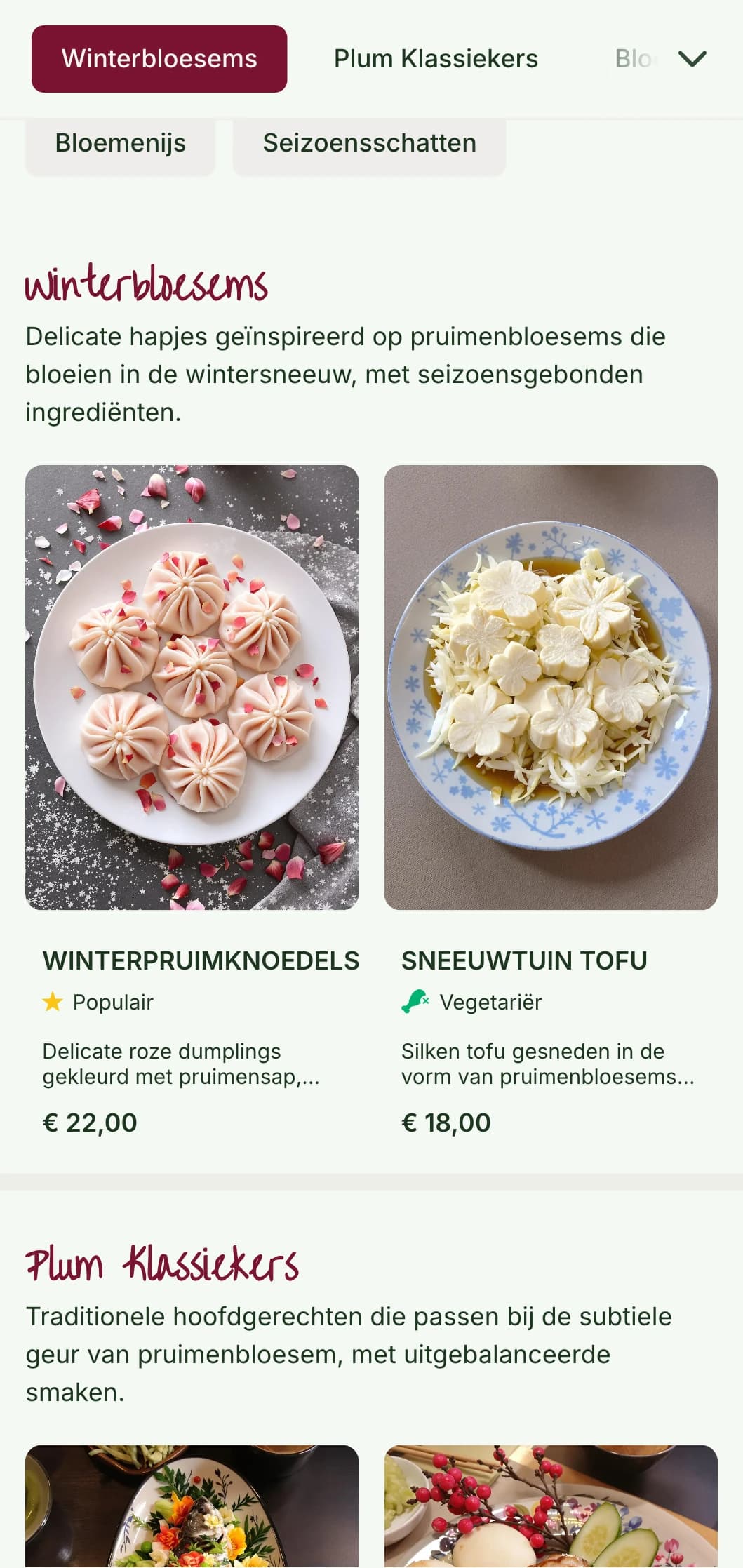 Fris Chinees menuontwerp geïnspireerd op pruimenbloesems, met delicate patronen voor de seizoensgebonden winter- en lentekeuken.