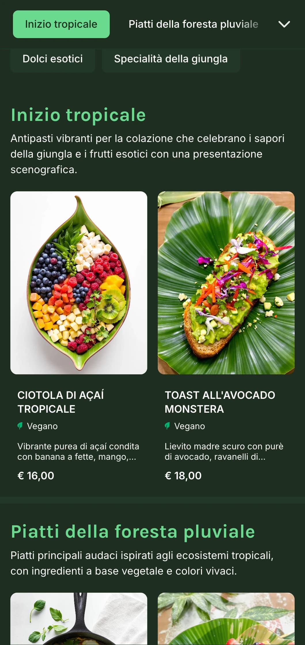Modello verde vibrante con elementi tropicali, perfetto per caffè a base vegetale e offerte esotiche per il brunch.