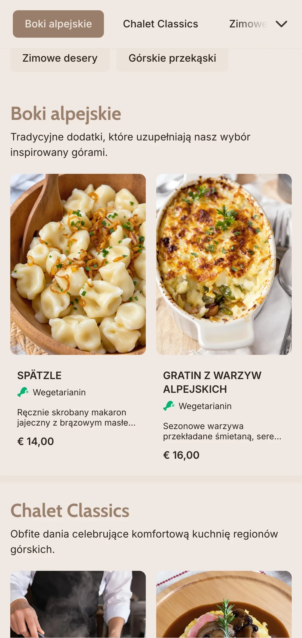 Przytulny catering inspirowany kuchnią szwajcarską, obejmujący fondue, raclette i obfite dania kuchni górskiej w rustykalnym stylu na zimowe imprezy i do schronisk narciarskich.