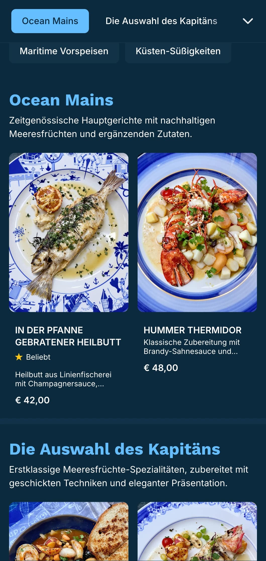 Ein knackiges, in Blautönen gehaltenes Abendmenü mit maritimen Einflüssen, das sich perfekt für gehobene Fischrestaurants eignet.