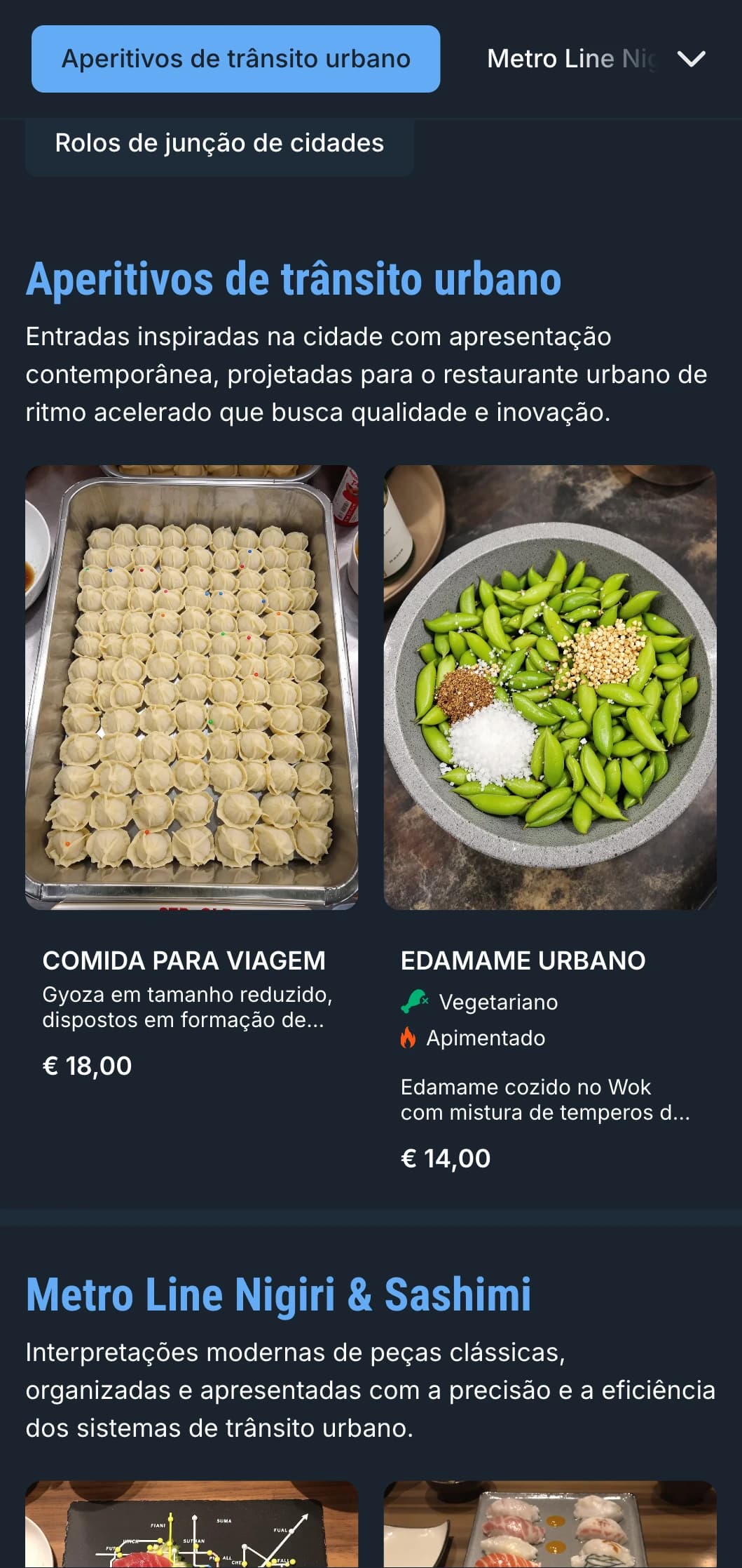 Menu de sushi urbano, inspirado no metrô, com detalhes em azul e tipografia contemporânea para locais no centro da cidade.