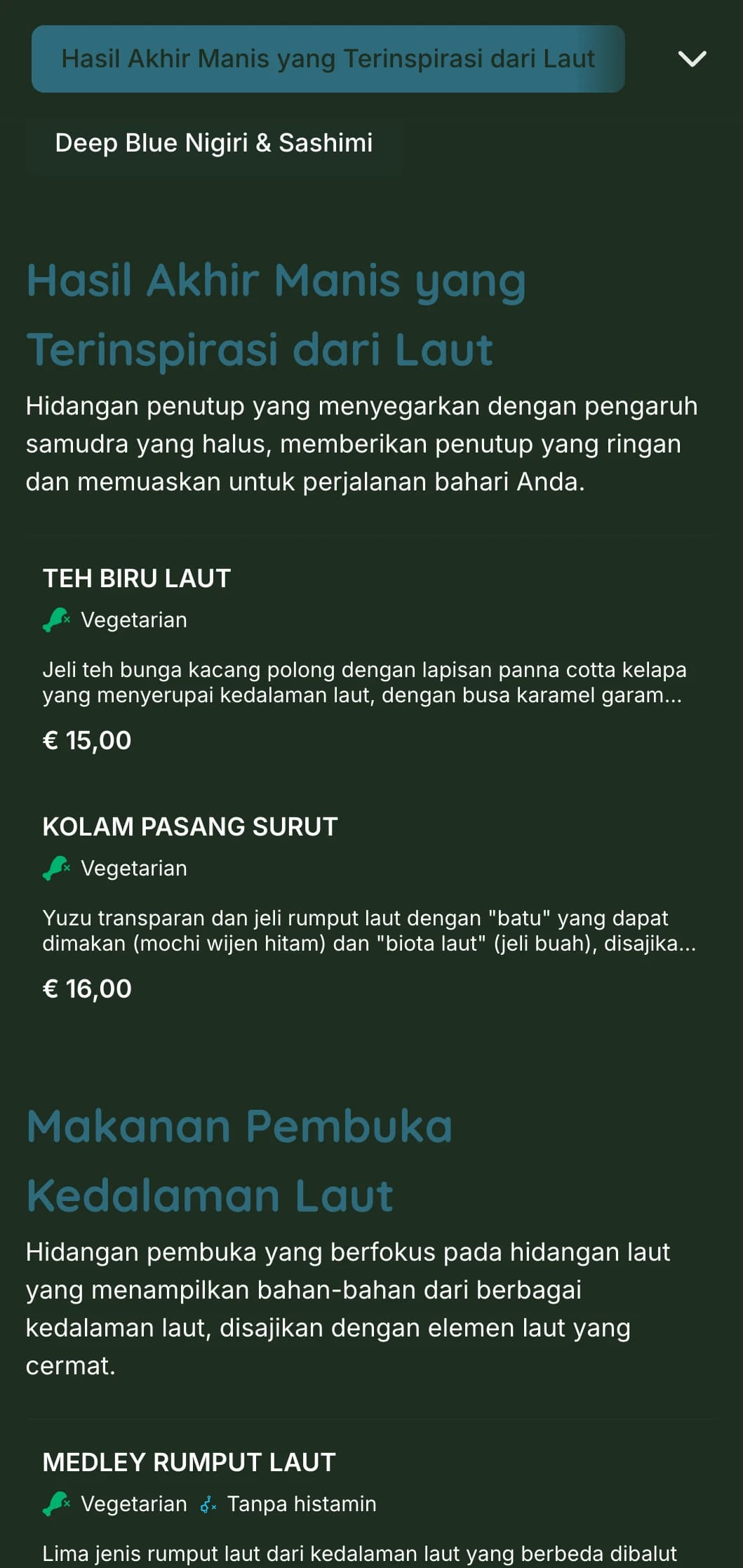 Menu sushi berwarna biru tua yang terinspirasi dari kedalaman laut, menampilkan elemen laut dan hidangan laut segar.