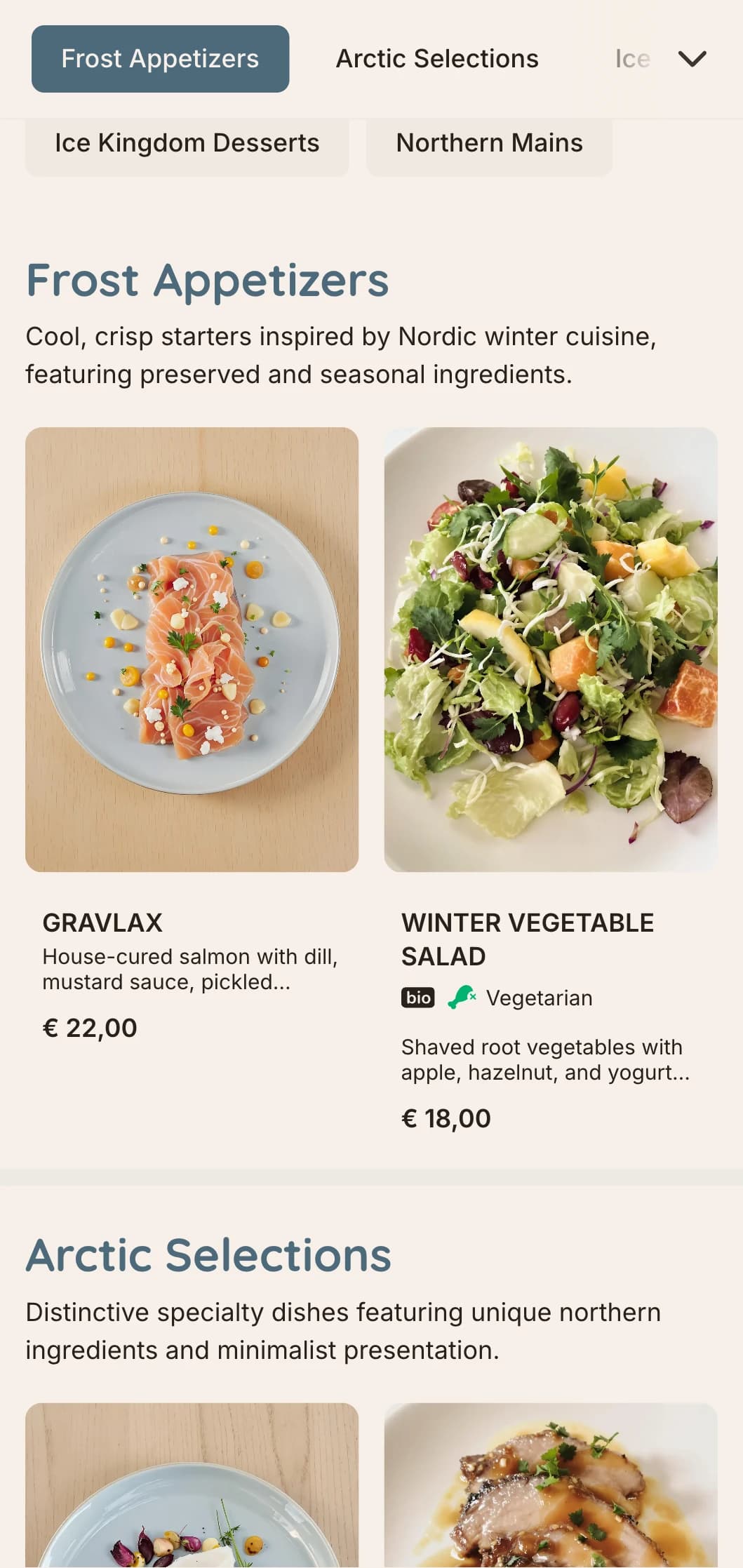 A cool, crisp dinner menu with Scandinavian winter influences, featuring ice blue tones and clean lines, perfect for Nordic cuisine.