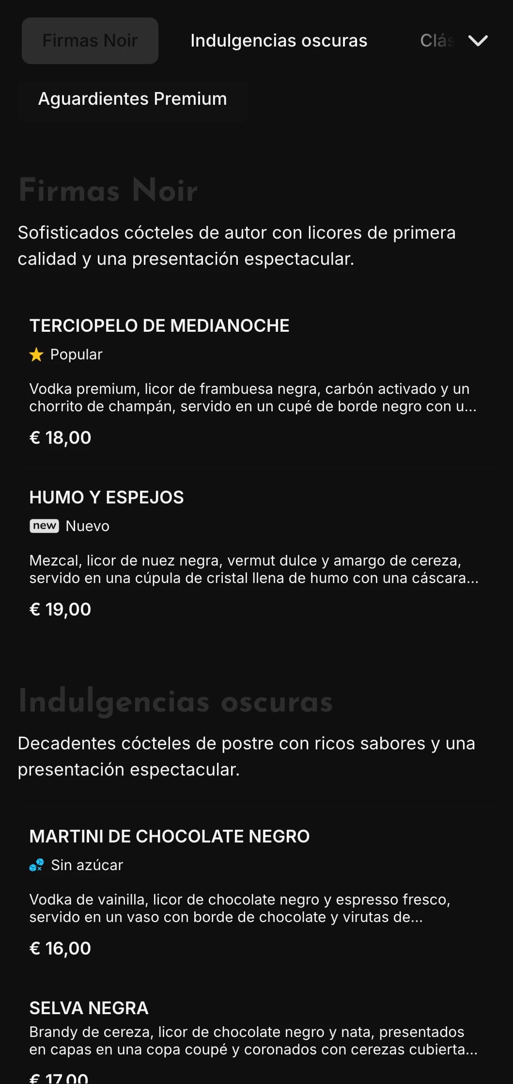 Un diseño elegante y oscuro para coctelerías y clubes nocturnos contemporáneos, con elementos de alto contraste y tipografía atrevida.