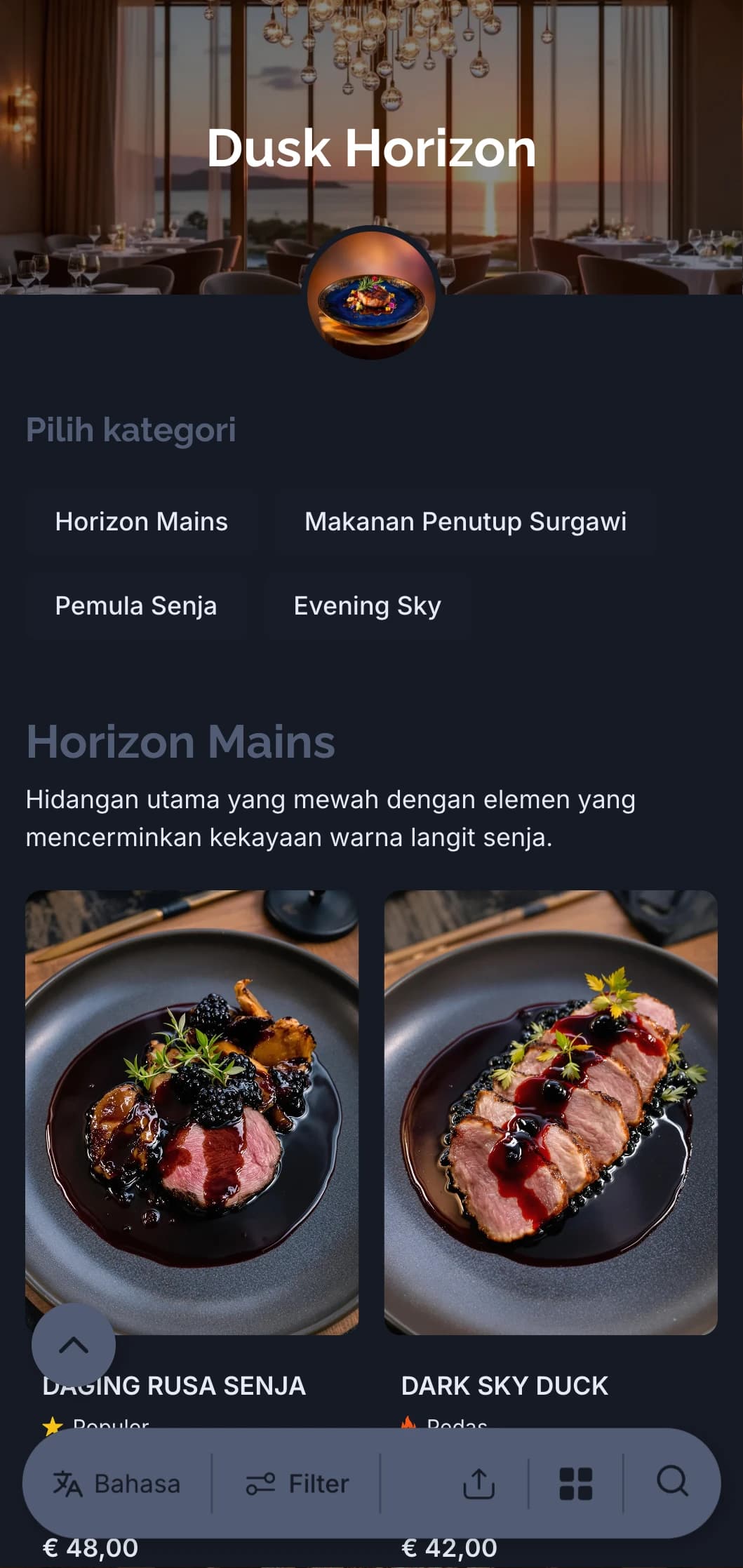 Konsep bersantap malam yang mewah terinspirasi oleh warna-warna langit senja dan senja yang anggun.