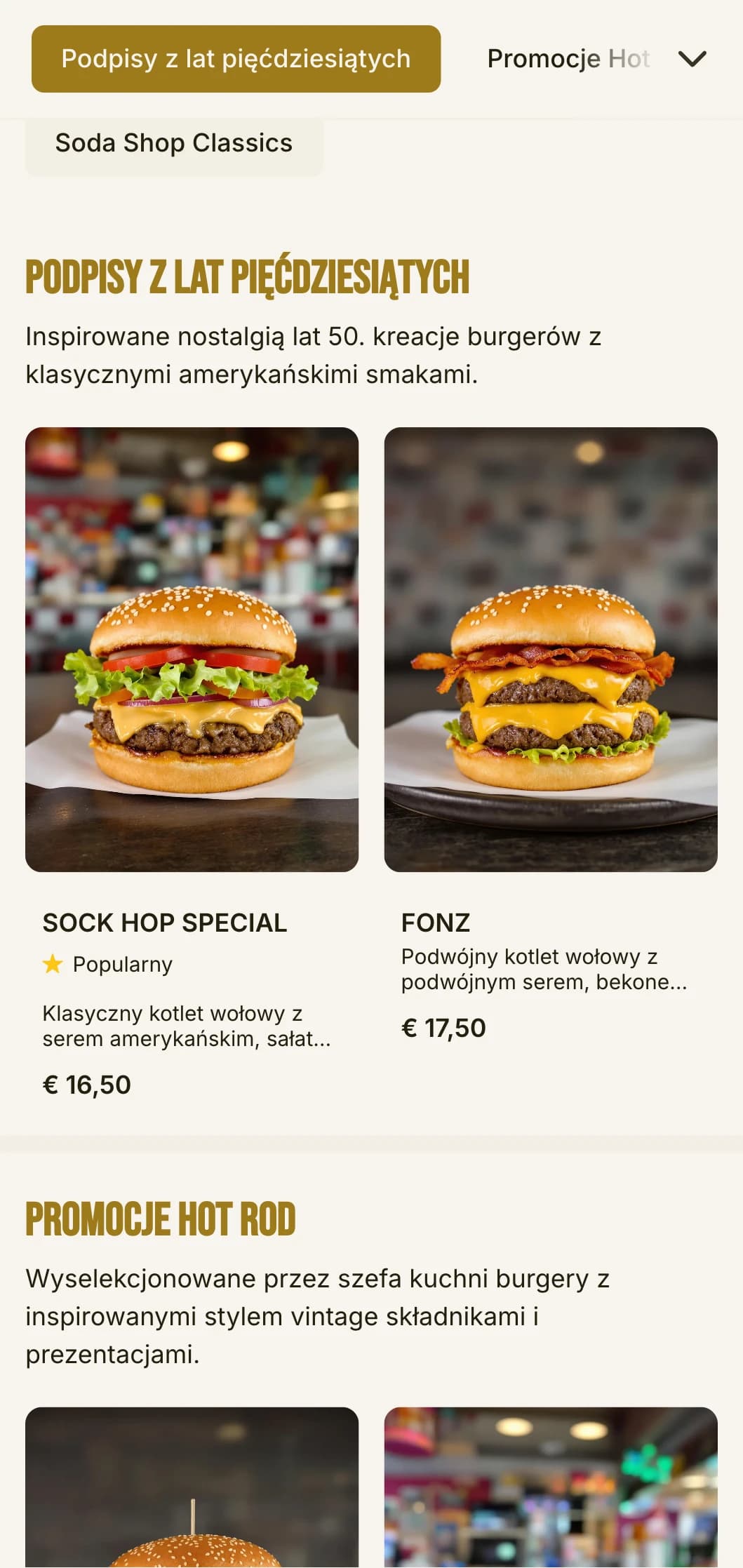 Inspirowany latami 50. sklep z burgerami z wzorami szachownicy i nostalgicznymi elementami sklepu z napojami gazowanymi.