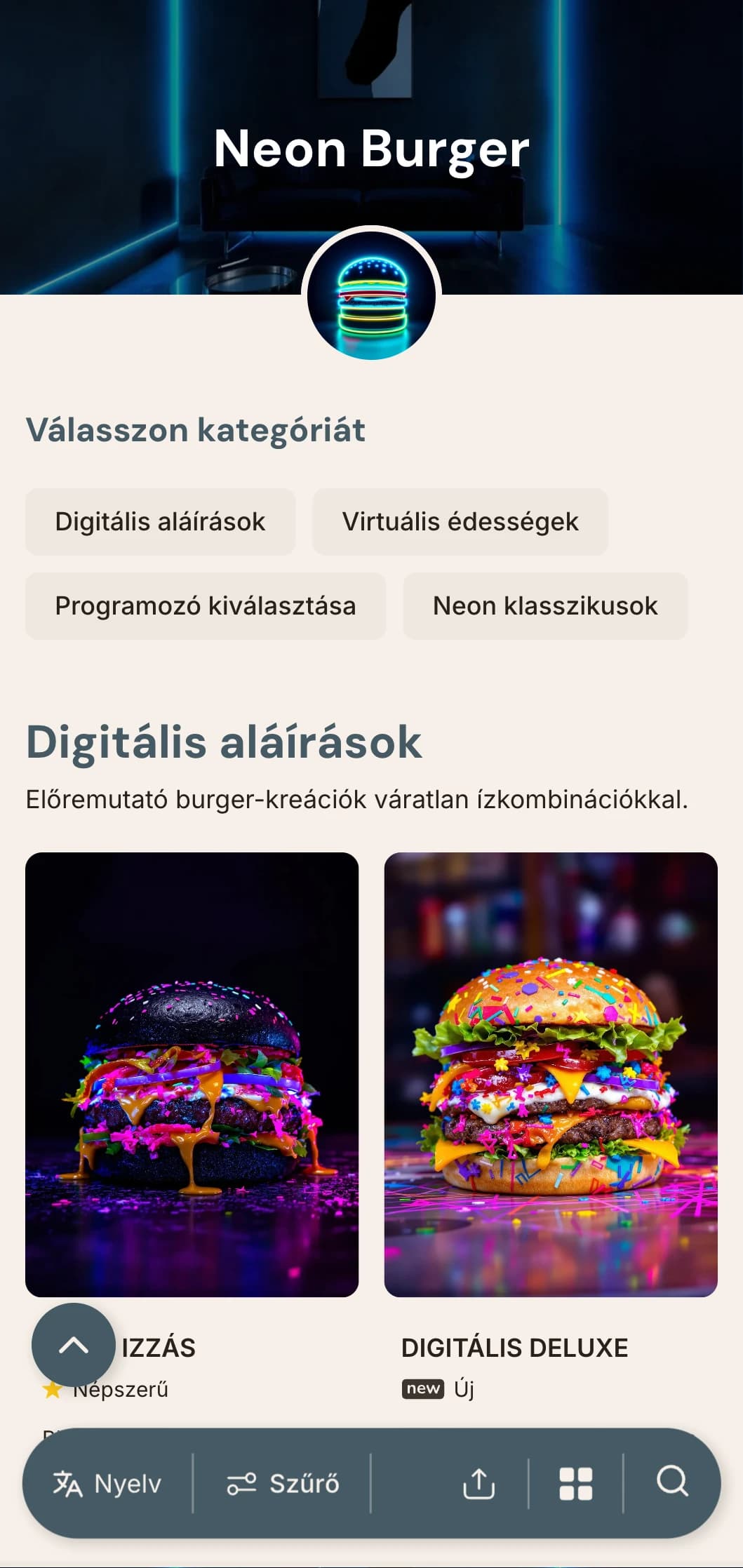 Élénk éjszakai élet ihlette burgerbár neon akcentussal és kortárs városi hangulattal.