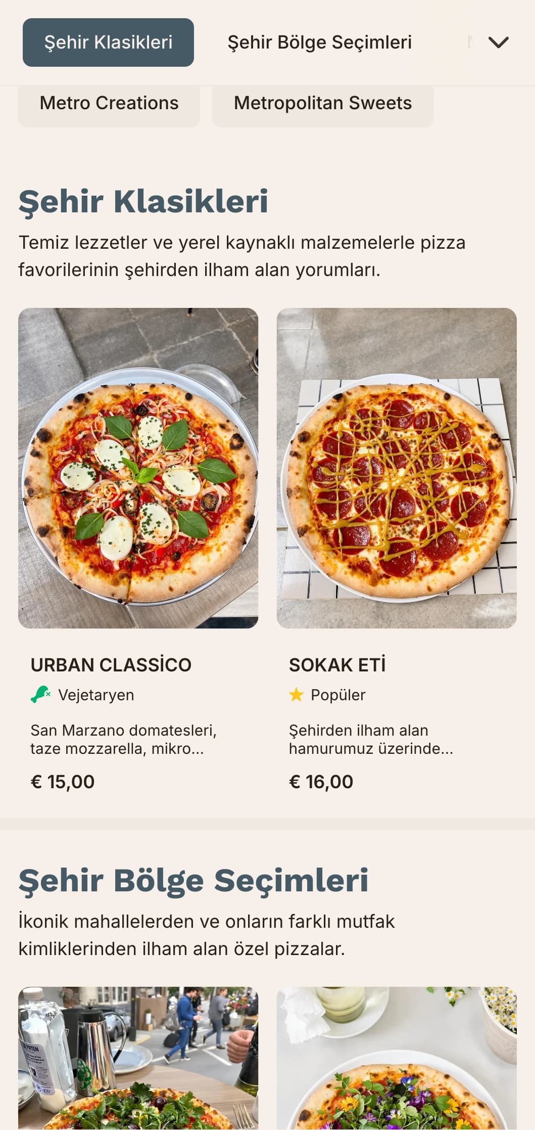 Şehir mekanları için temiz hatlara ve çağdaş tasarıma sahip kentsel metropolitan pizza menüsü.
