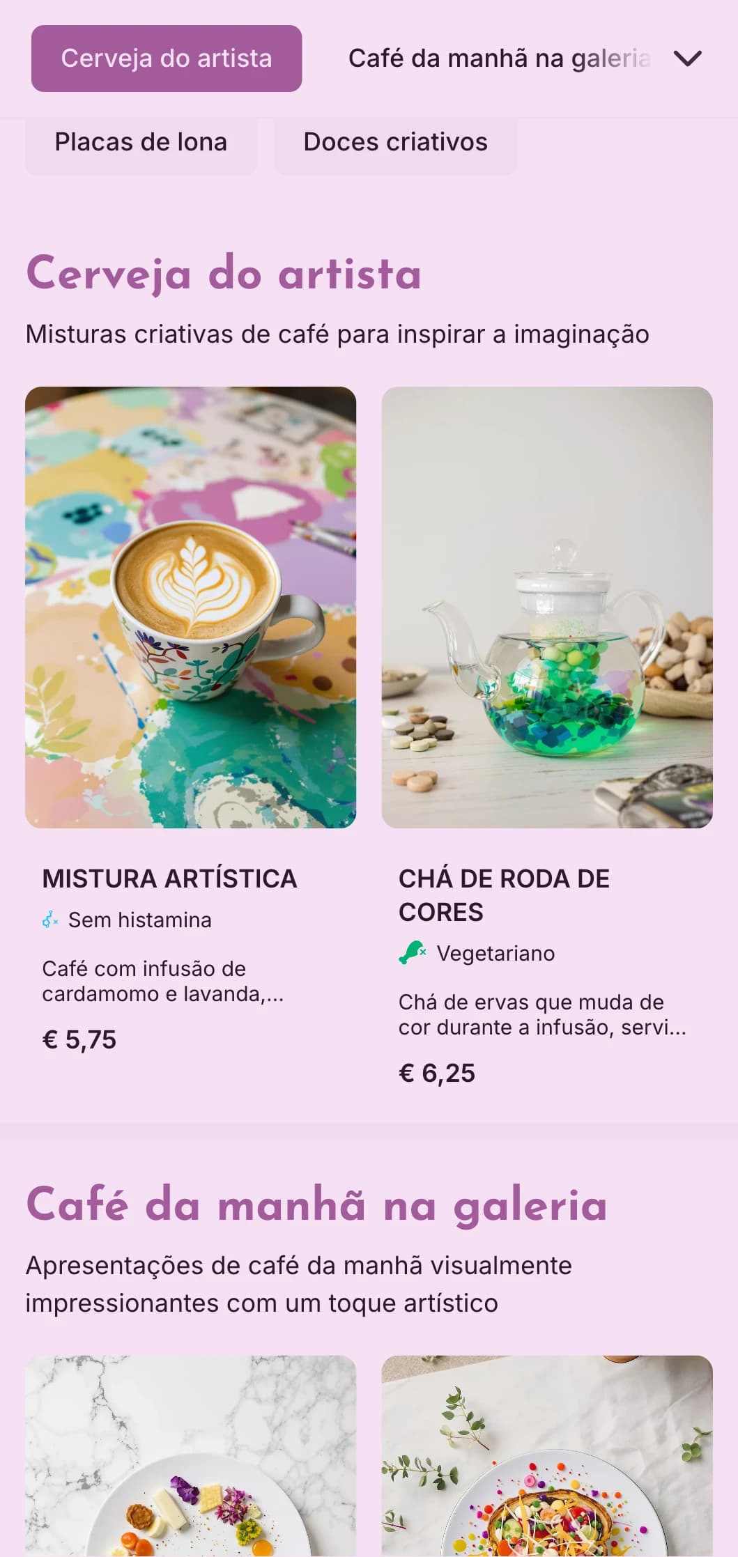 Design criativo em roxo com elementos artísticos para galerias, cafeterias e espaços criativos.