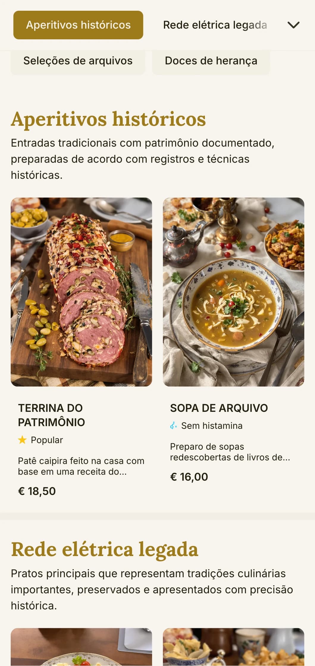 Design de cardápio de almoço histórico e focado no patrimônio, com elementos tradicionais e tipografia atemporal, adequado para restaurantes e estabelecimentos de referência com longas histórias.