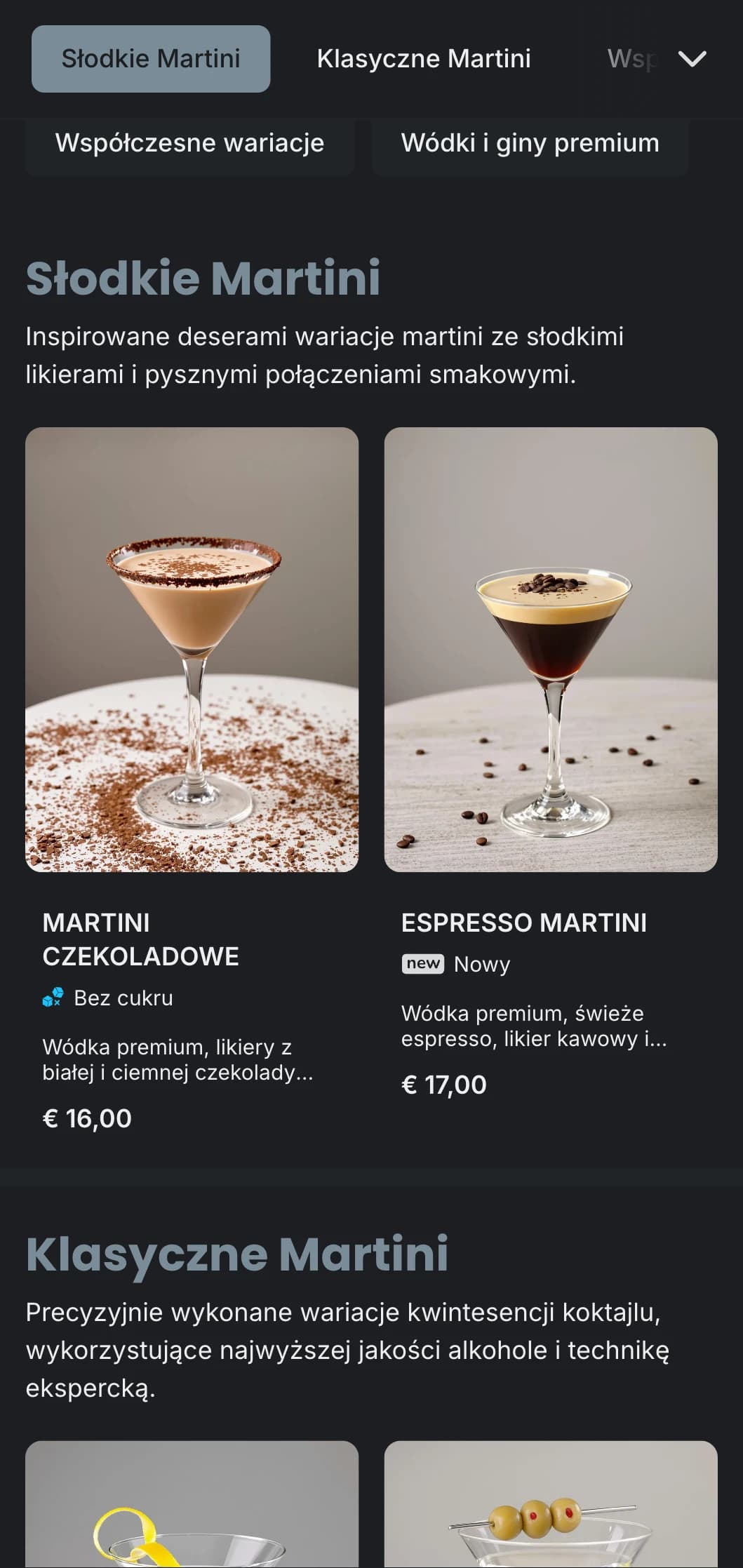 Wyrafinowany, miejski projekt menu dla barów martini i salonów z elegancką typografią i chłodnymi odcieniami szarości.