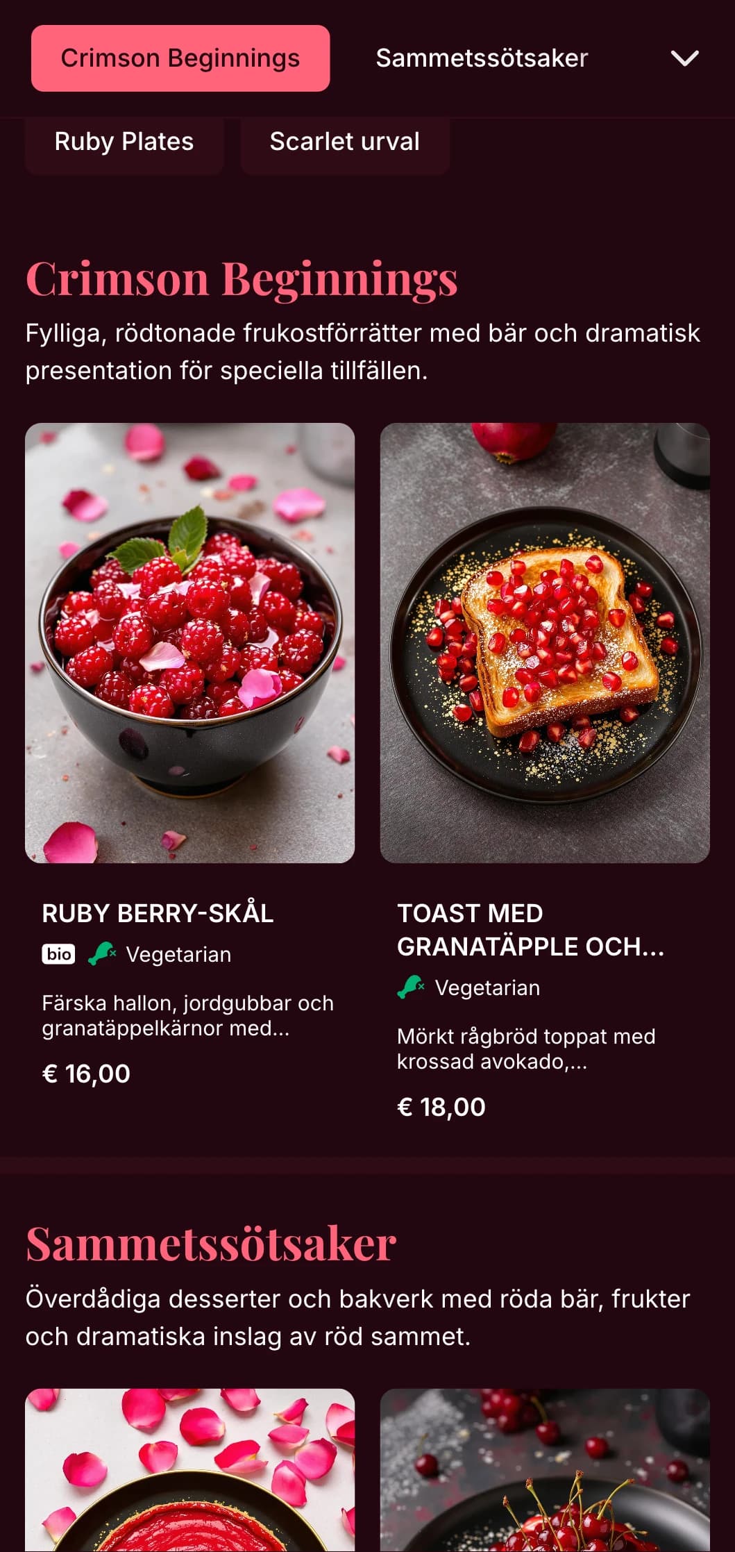 Rik, rödtonad brunchmall med lyxiga detaljer, passar för romantiska brunchtillställningar och speciella tillfällen.
