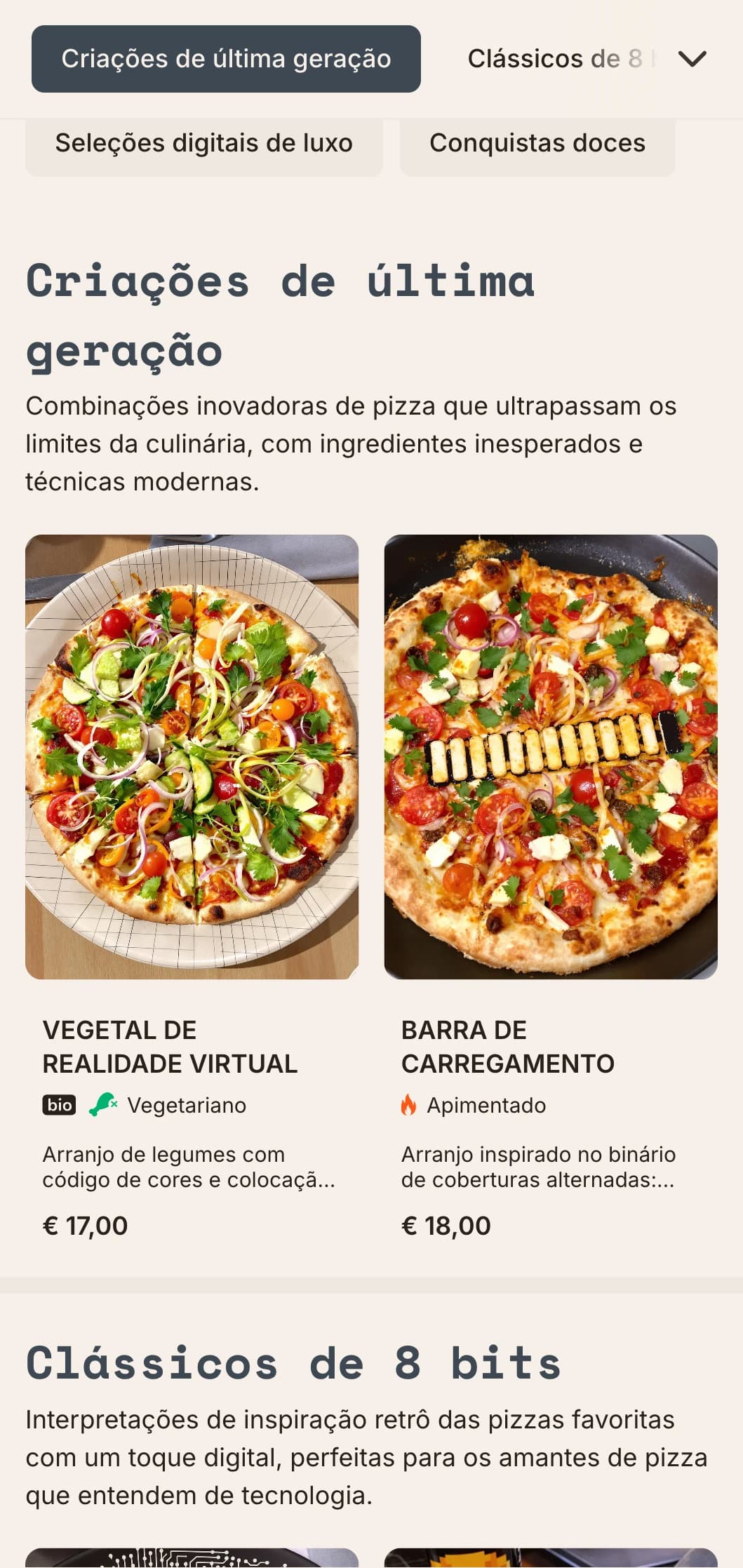 Cardápio de pizza moderno inspirado em tecnologia com estética digital para conceitos inovadores de pizza.