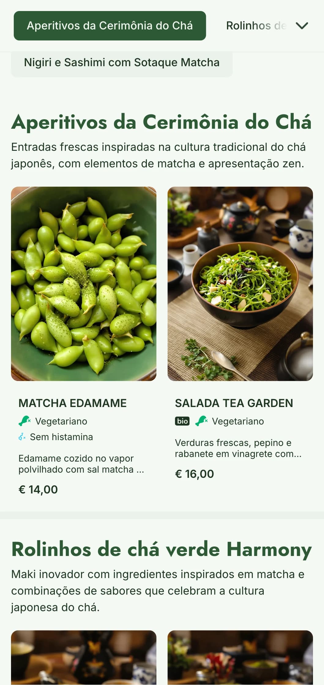 Cardápio contemporâneo de sushi com tons vibrantes de verde matcha para estabelecimentos preocupados com a saúde e inspirados no chá.