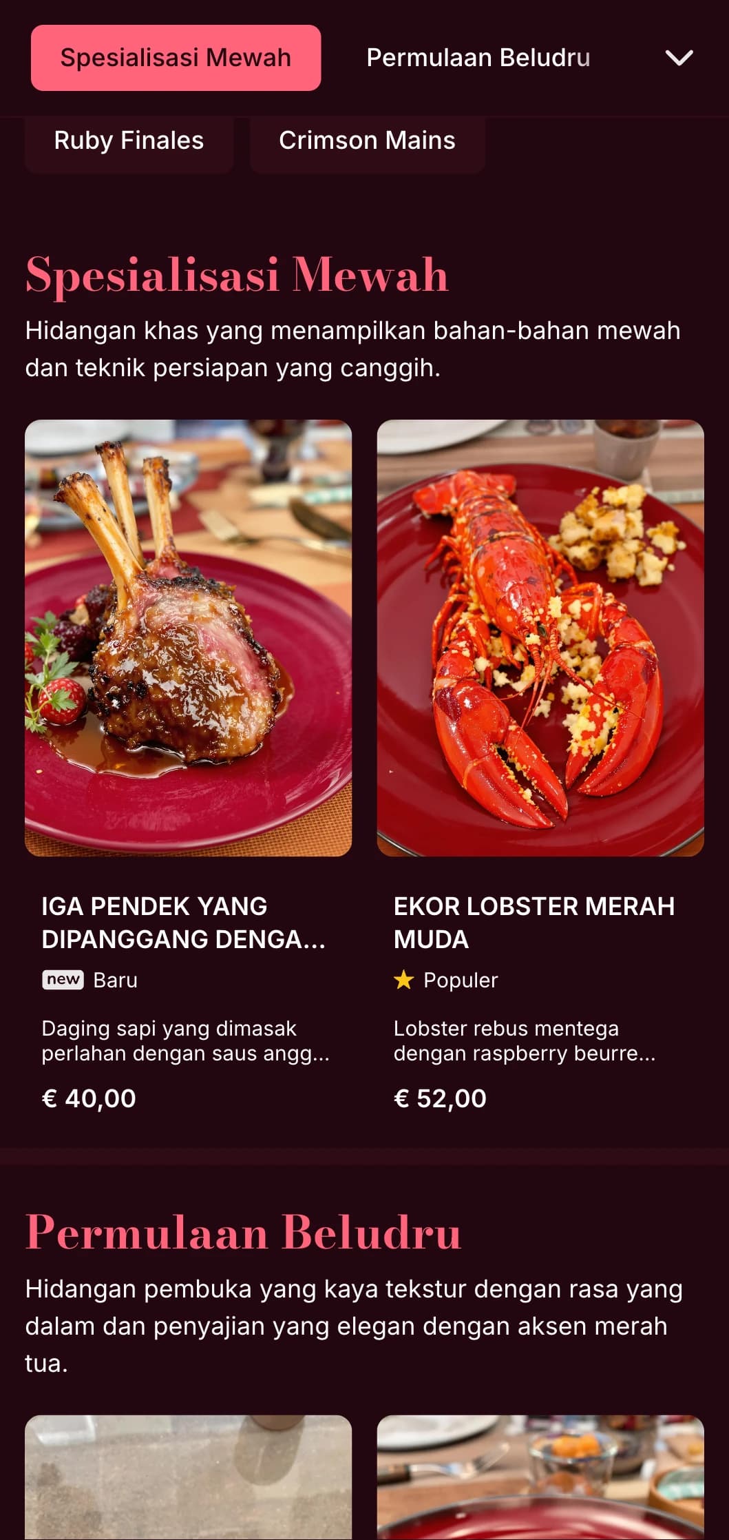 Menu makan malam yang kaya dan lembut dengan warna merah tua dan tekstur yang halus, dirancang untuk pengalaman bersantap malam yang intim.