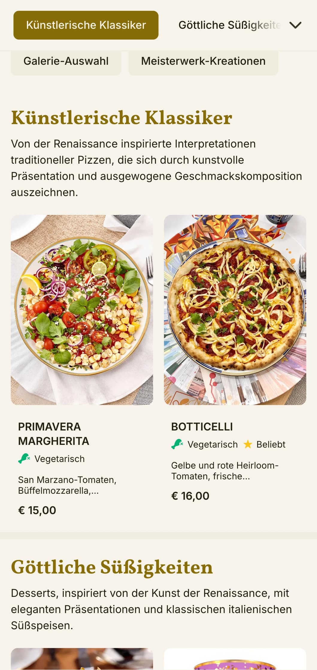 Künstlerische Pizzakarte, inspiriert von der italienischen Renaissance, mit reichen visuellen Elementen.