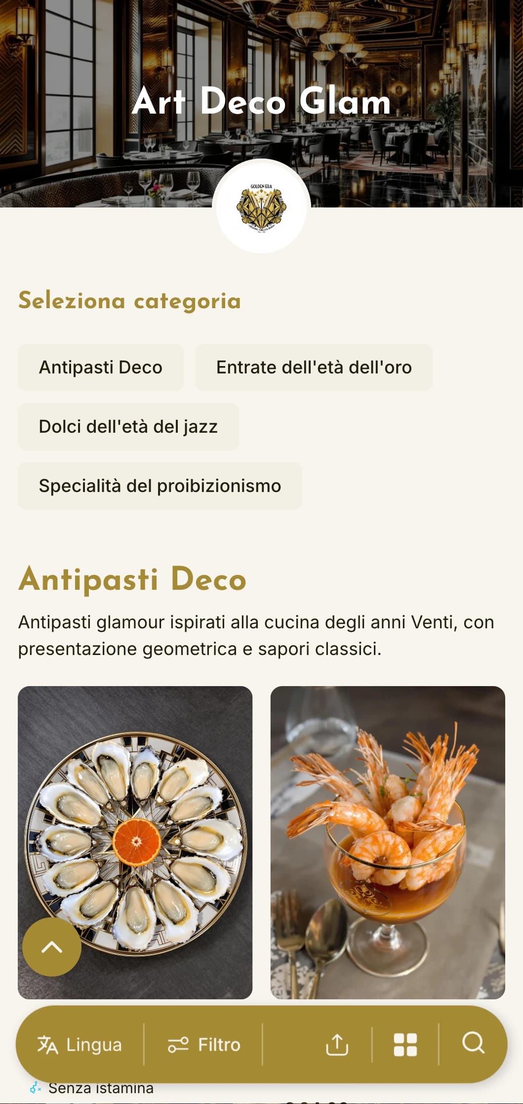 Un menu di ispirazione glamour anni '20 con motivi geometrici e accenti metallici, ideale per i locali dal fascino vintage.