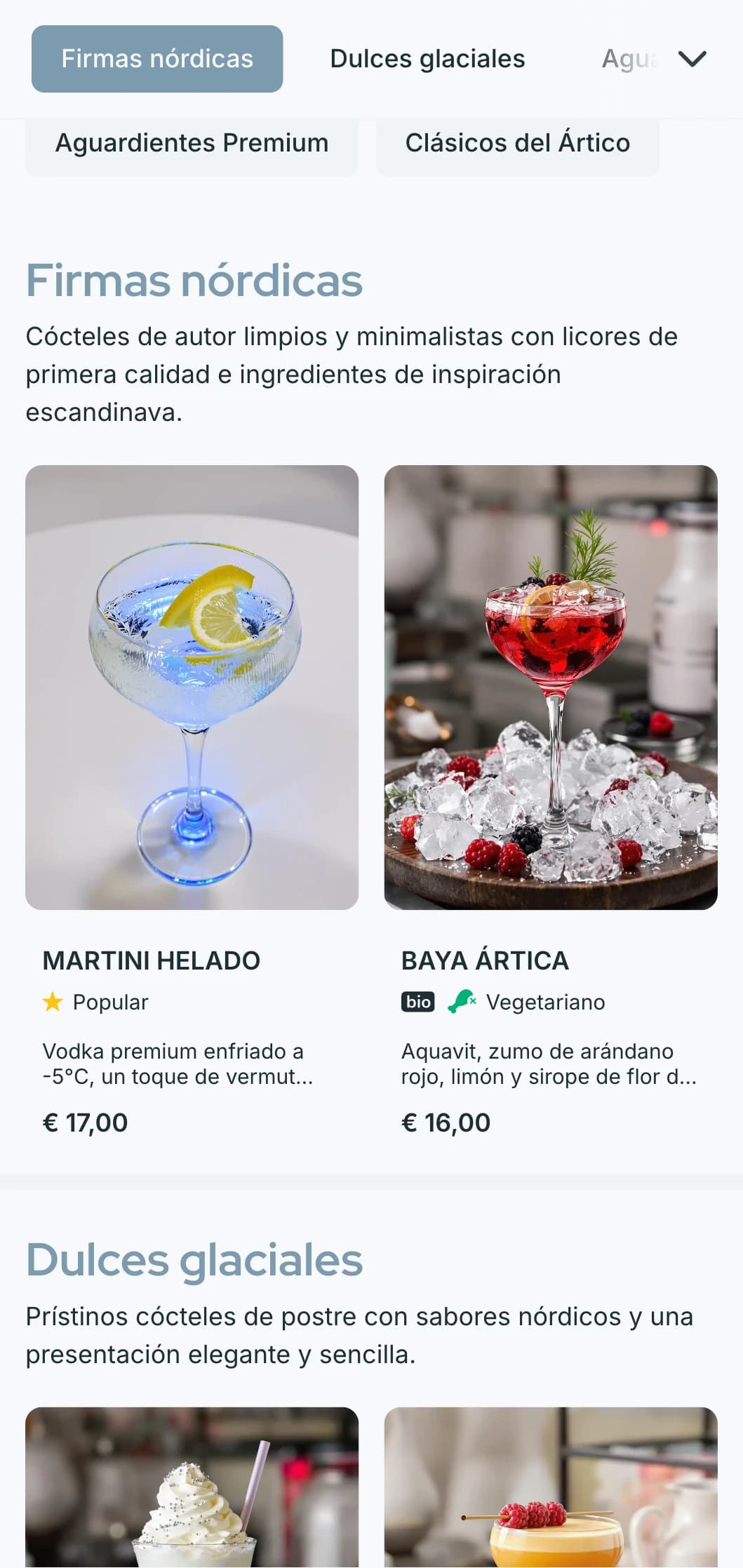 Un diseño limpio de inspiración escandinava para bares y salones contemporáneos, con tipografía minimalista y fríos tonos azules.