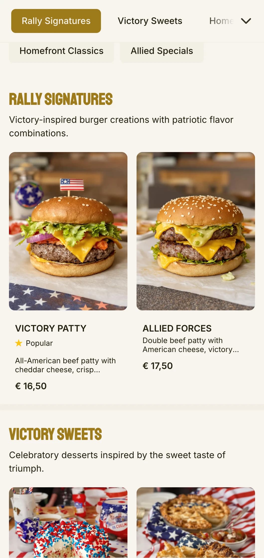 World War II era inspired burger canteen with victory garden and patriotic elements.
