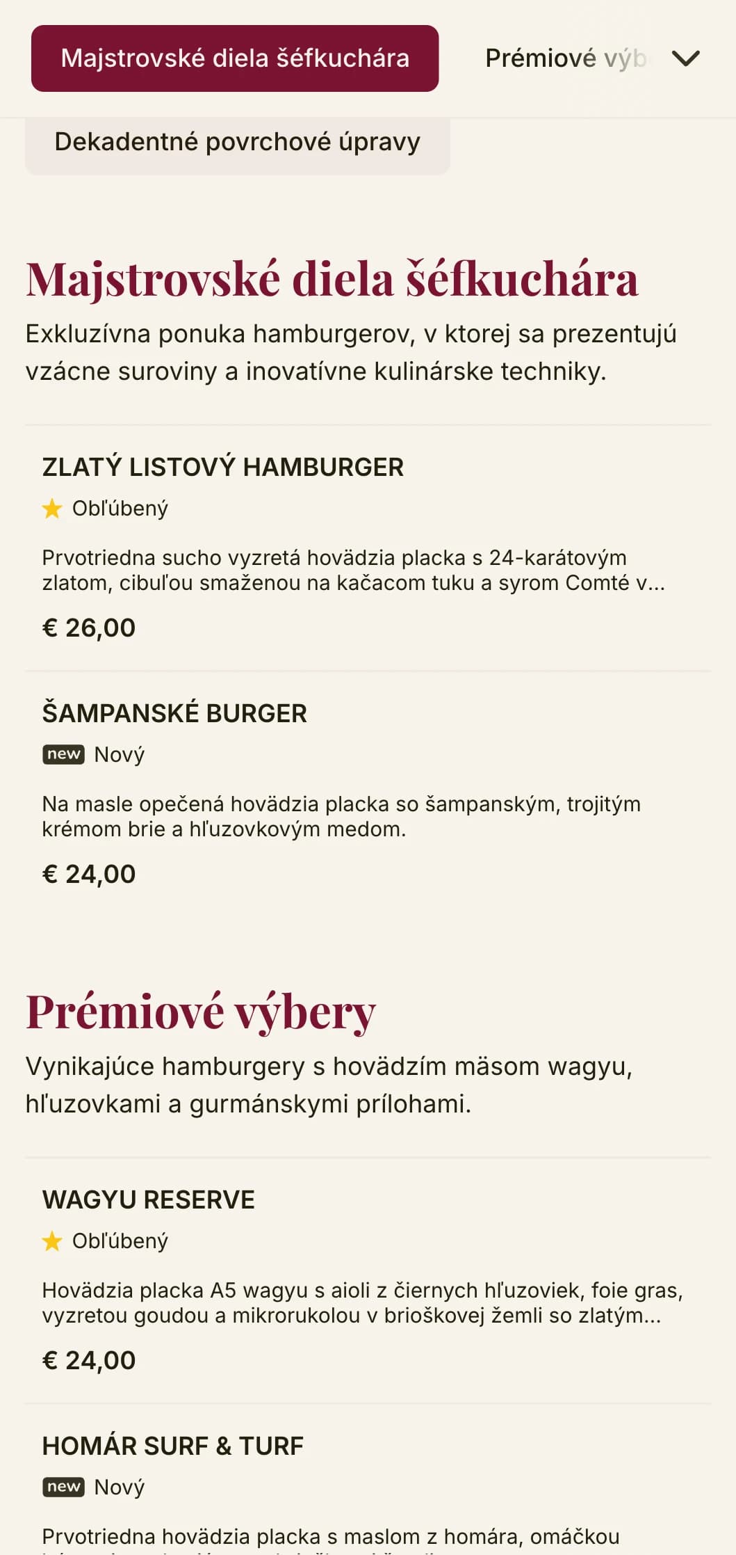 Vylepšené stolovanie s hamburgermi s prvotriednou typografiou a bohatou farebnou paletou pre prvotriedny zážitok z hamburgerov.