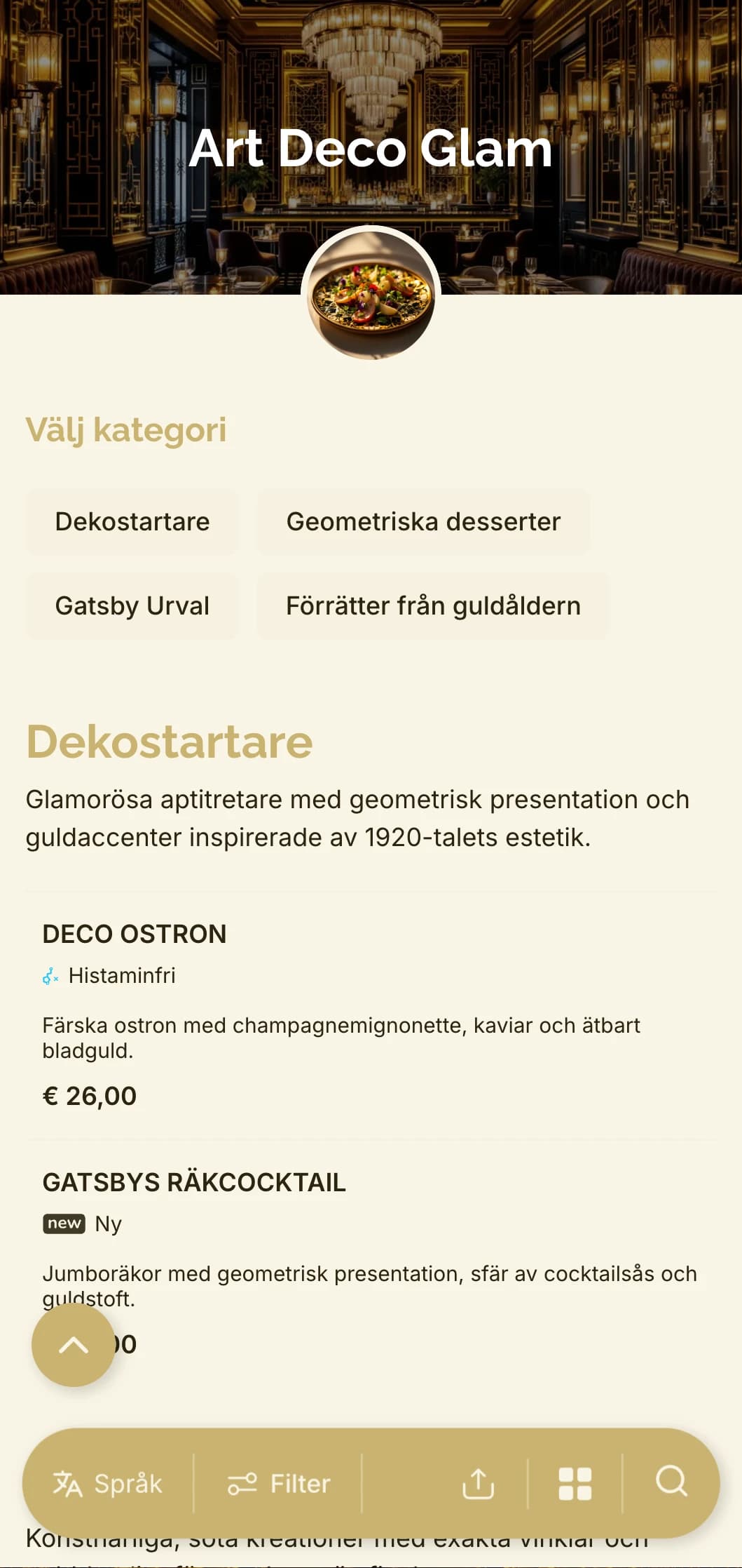 Glamorös 1920-talsinspirerad design med geometriska mönster och gyllene accenter för en tidlös men ändå modern matupplevelse.