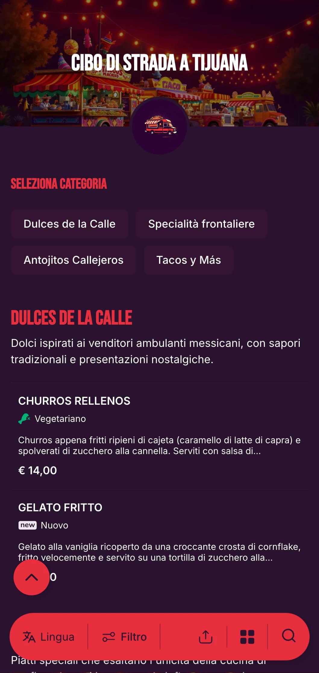 Menu di street food audace ed energico, ispirato alla vivace scena gastronomica di Tijuana, con colori vivaci, tipografia casual e autentiche specialità di taco.