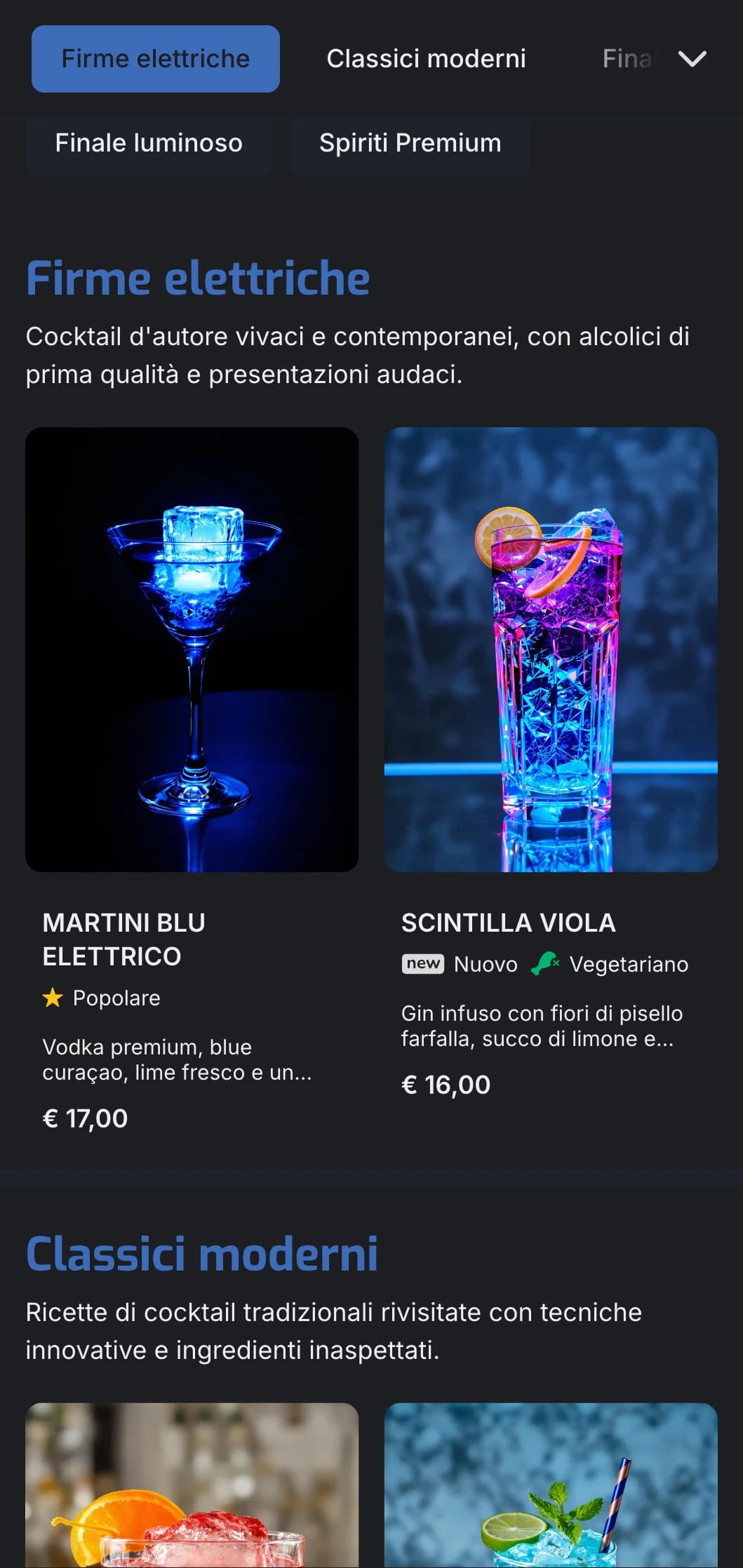 Un design vivace e contemporaneo per cocktail bar e lounge moderni, con accenti blu elettrico e una tipografia pulita.