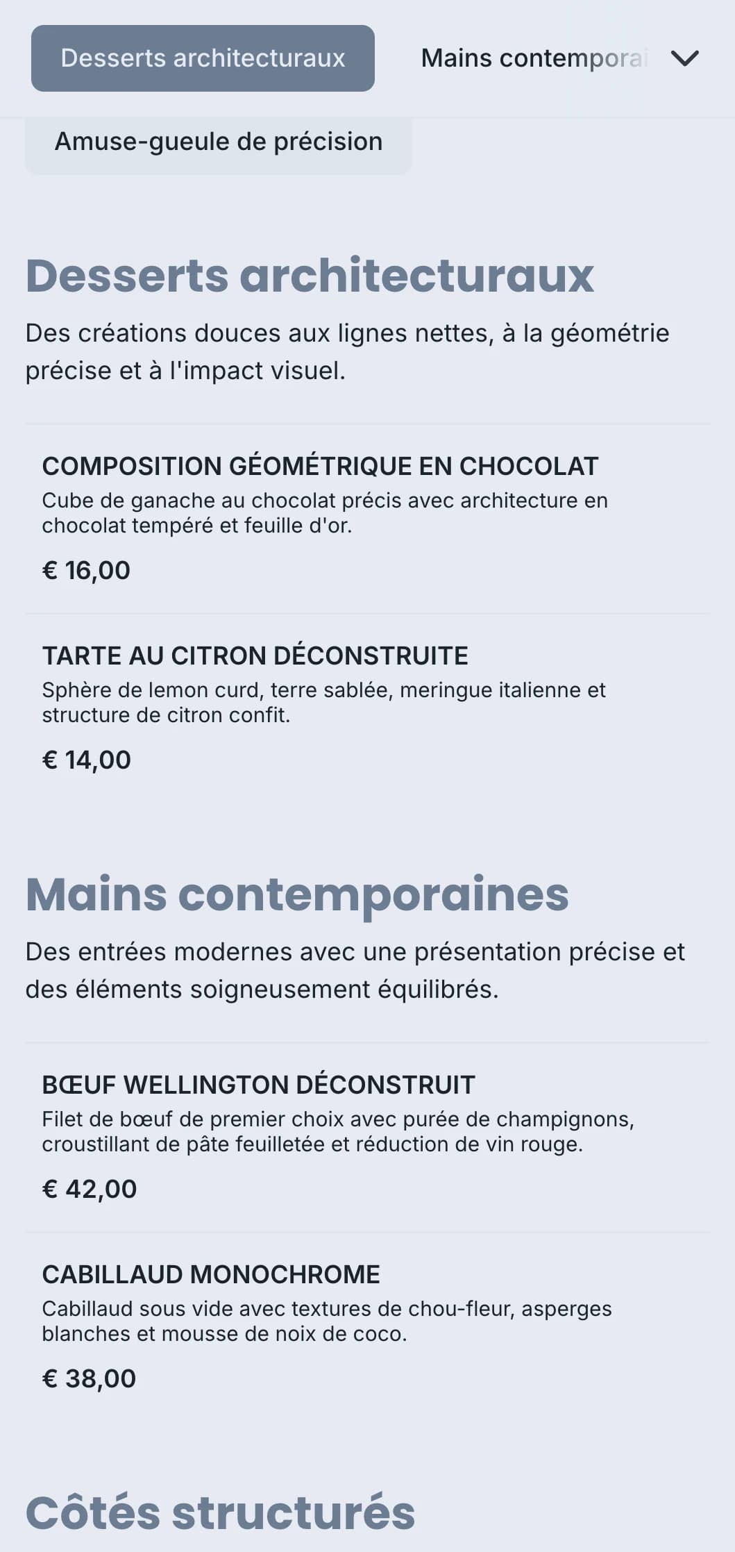 Un design de restauration propre et structuré avec des assiettes géométriques, des portions précises et des combinaisons de couleurs monochromes pour des événements contemporains.