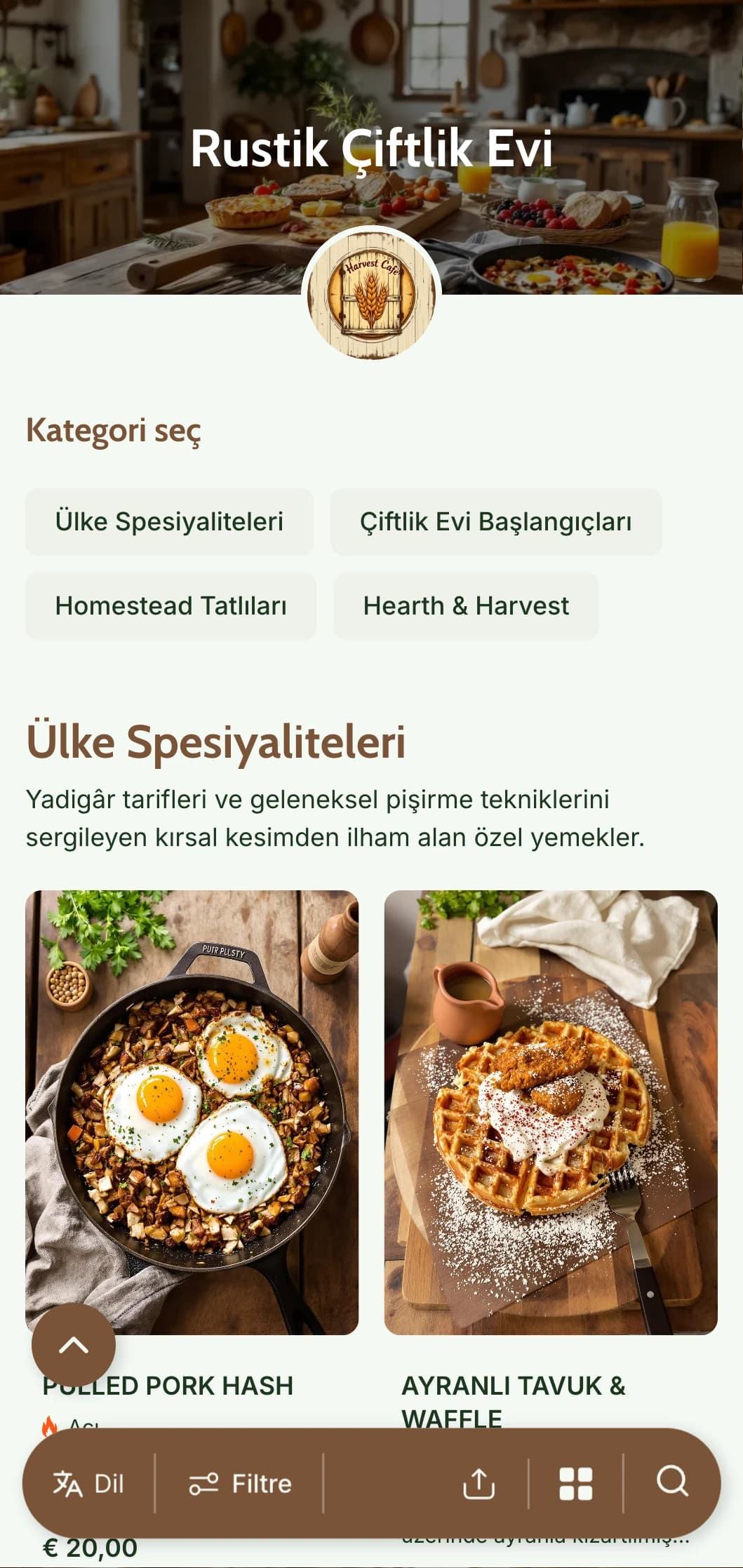 Ahşap dokular ve ev gibi unsurlar içeren sıcak, rustik brunch şablonu, kır tarzı ve çiftlikten masaya işletmeler için ideal.