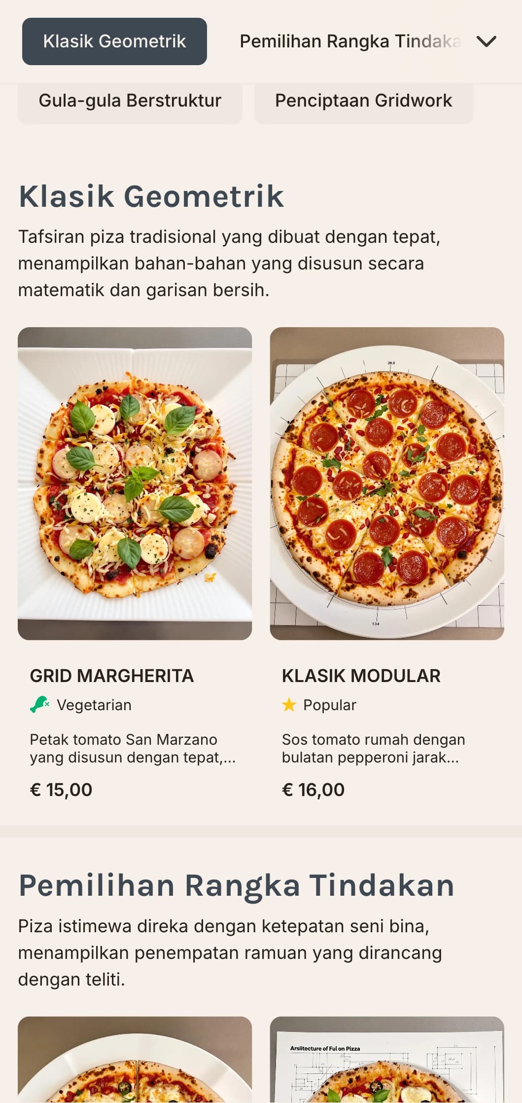 Menu pizza moden geometri dengan susun atur grid dan elemen reka bentuk yang tepat.