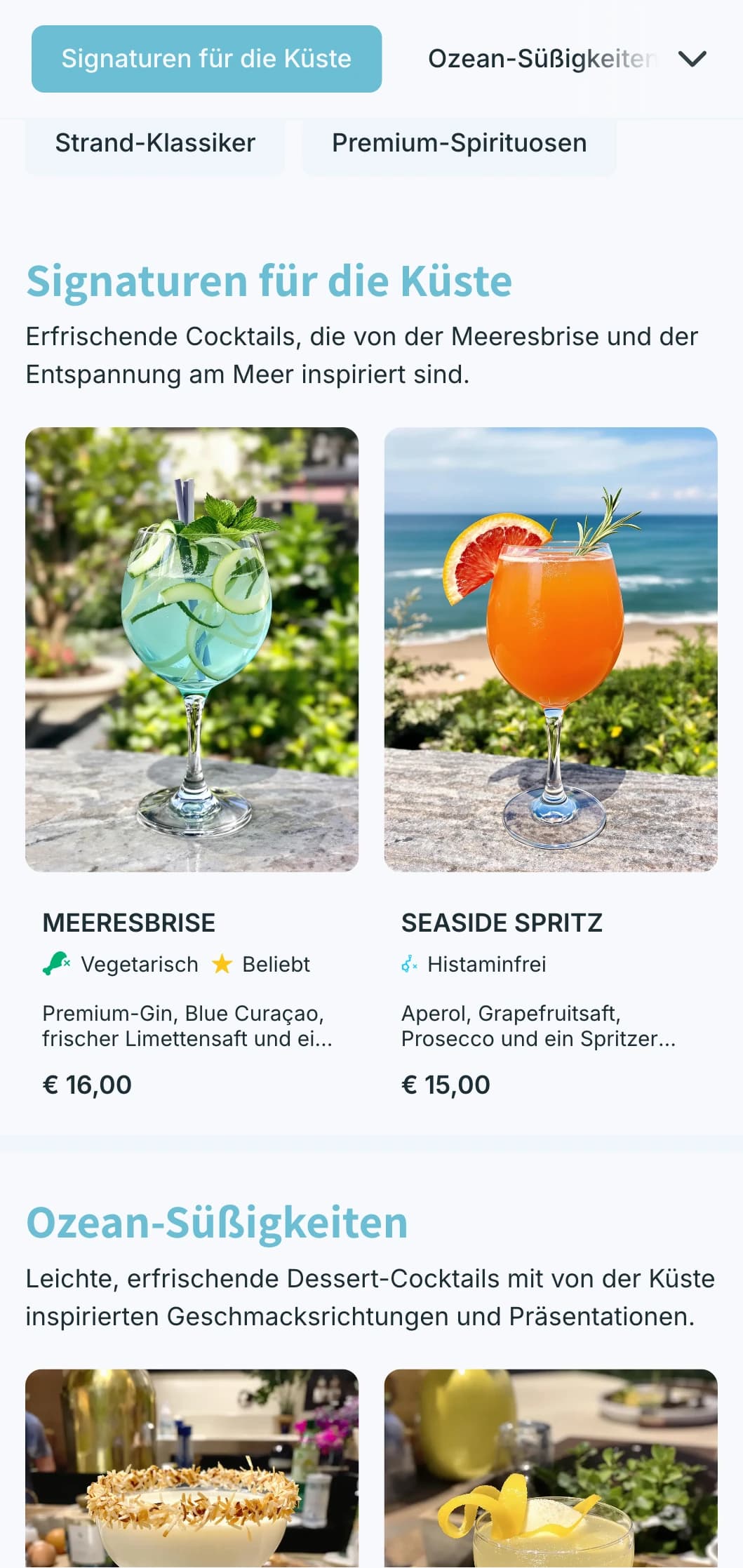 Ein frisches, von der Küste inspiriertes Design für Strandbars und Beach Clubs mit hellen Blautönen und luftiger Typografie.