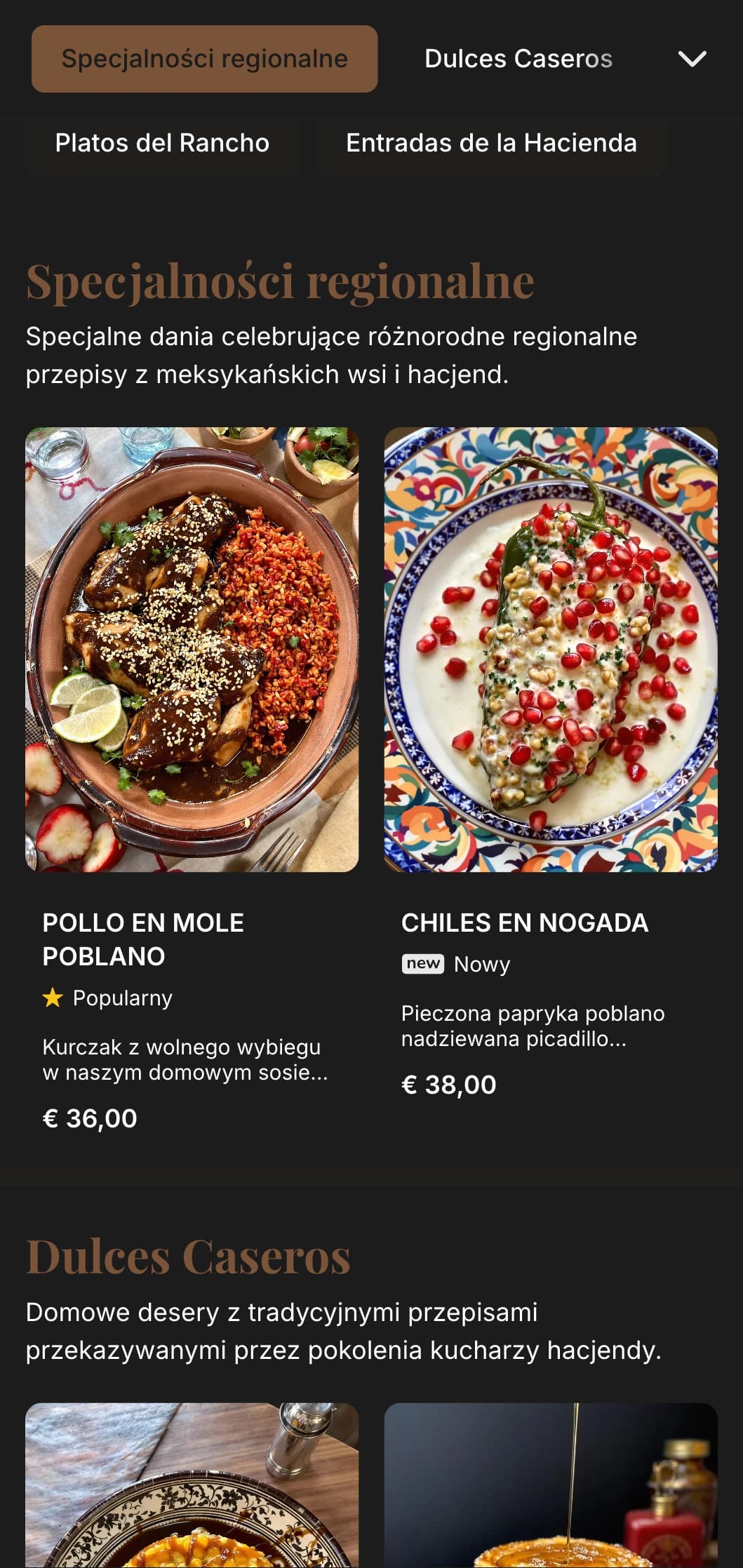 Rustykalne i ciepłe menu w stylu meksykańskiej hacjendy z bogatymi teksturami drewna, tradycyjnymi przepisami i obfitymi daniami w eleganckim otoczeniu rancza.