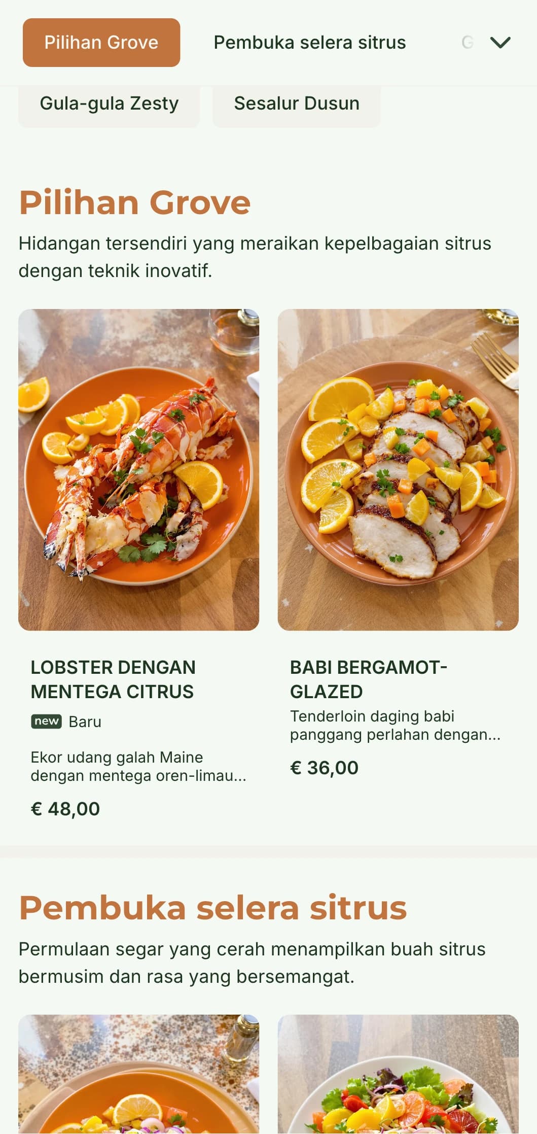 Menu makan malam yang cerah dan segar yang menampilkan rona sitrus dan unsur semula jadi, sesuai untuk restoran dengan pengaruh Mediterranean.