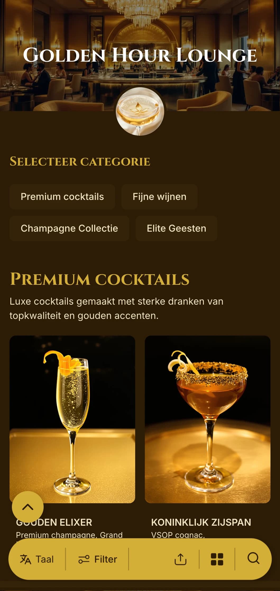 Luxueus goudkleurig ontwerp voor premium cocktailbars en VIP-lounges.