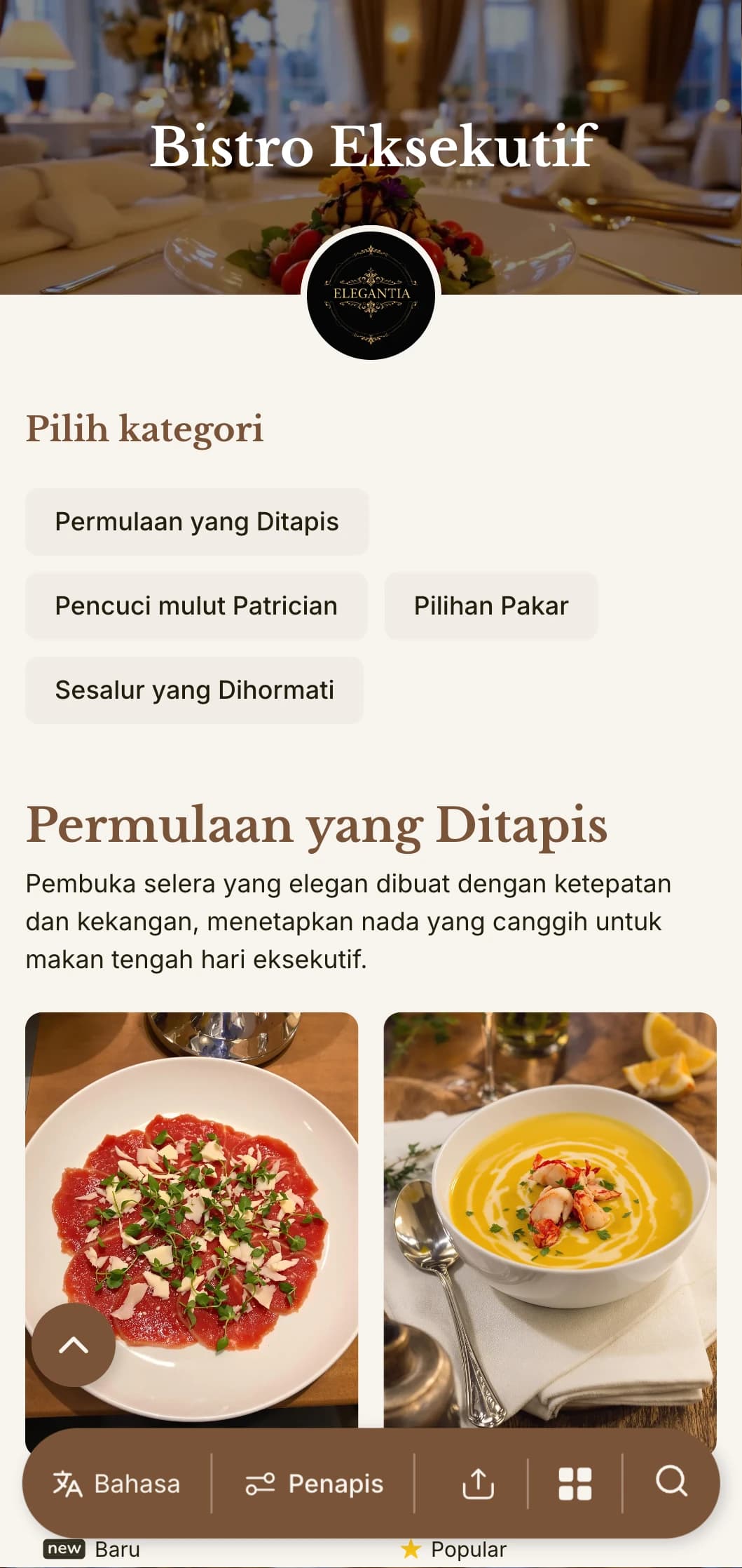 Reka bentuk menu makan tengah hari yang canggih dengan tipografi yang halus dan jarak yang elegan, disesuaikan untuk restoran hotel kelas atas dan bilik makan eksekutif yang berkhidmat untuk profesional perniagaan.