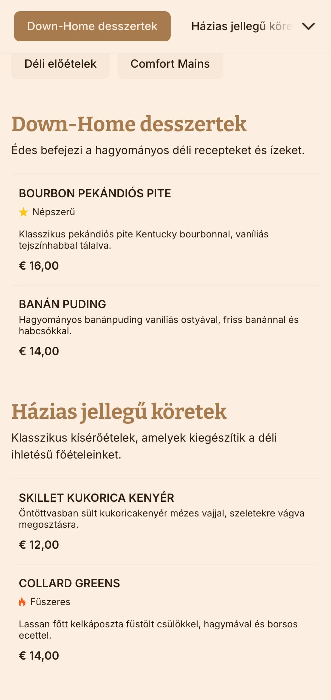 Szívmelengető déli stílusú vendéglátás, amely klasszikus kényelmet, bőséges adagokat és házias bemutatót kínál családi összejövetelekre és alkalmi összejövetelekre.