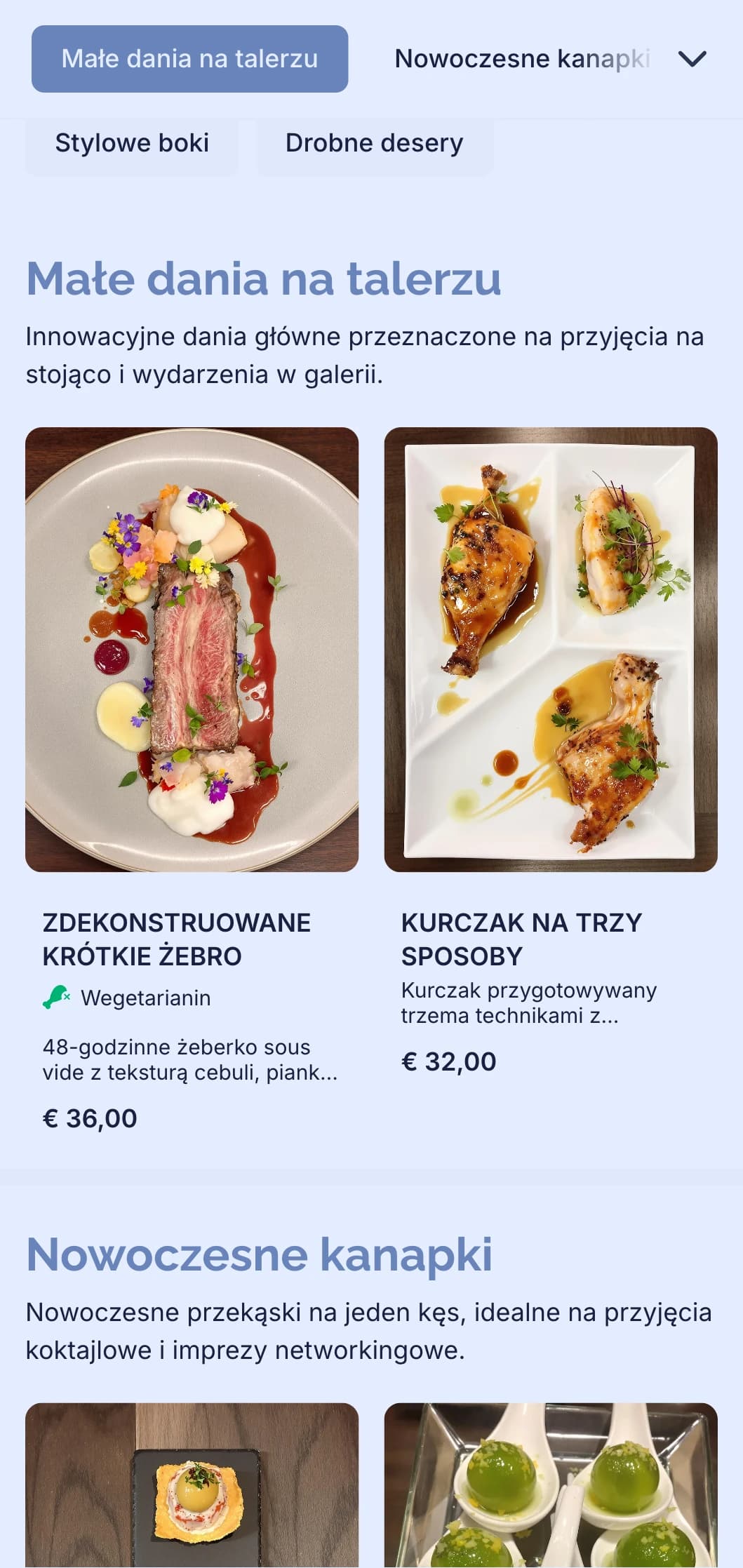 Stylowy, nowoczesny catering na imprezy koktajlowe z innowacyjnymi kanapkami, małymi przekąskami i współczesną prezentacją na imprezy networkingowe i otwarcia galerii.