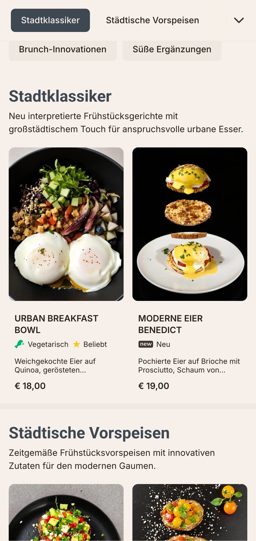 Elegante, zeitgemäße Frühstücksoptionen für den modernen Großstädter, die sich durch eine minimalistische Präsentation und innovative Geschmackskombinationen auszeichnen.