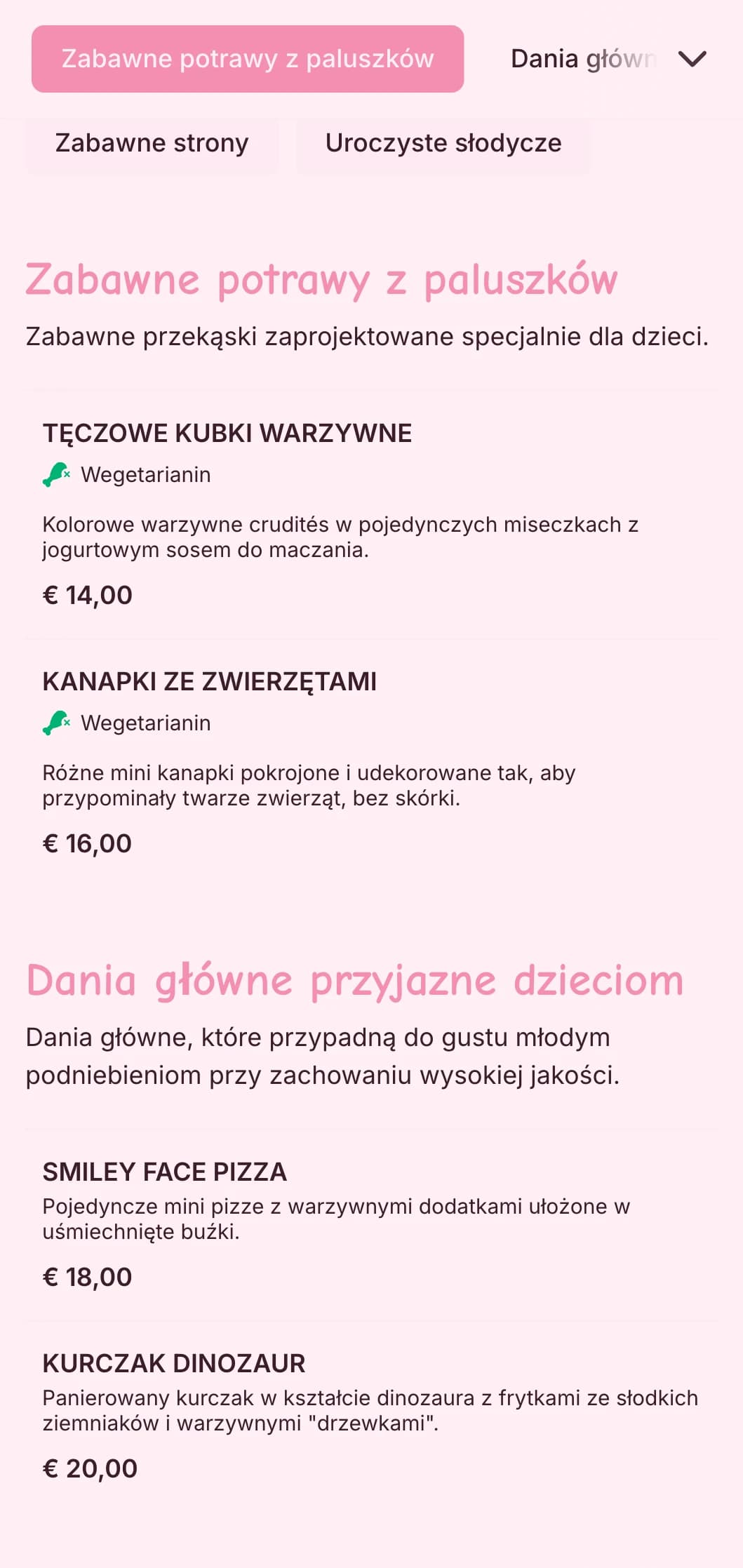 Zabawny, kolorowy catering zaprojektowany specjalnie na imprezy dla dzieci z zabawną prezentacją, opcjami przyjaznymi dzieciom i interaktywnymi stacjami z jedzeniem.