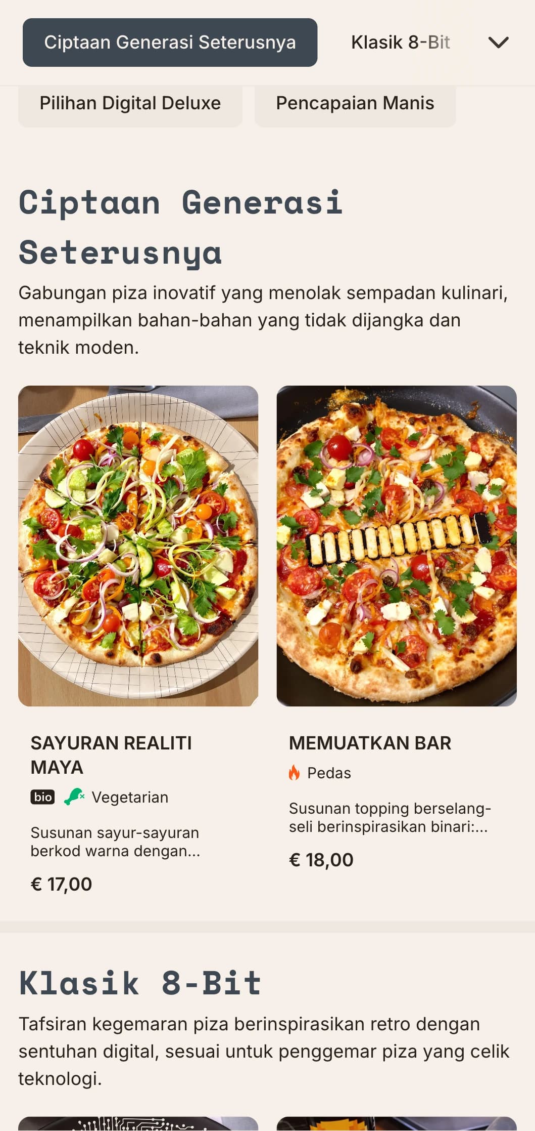 Menu piza moden yang diilhamkan oleh teknologi dengan estetika digital untuk konsep piza yang inovatif.