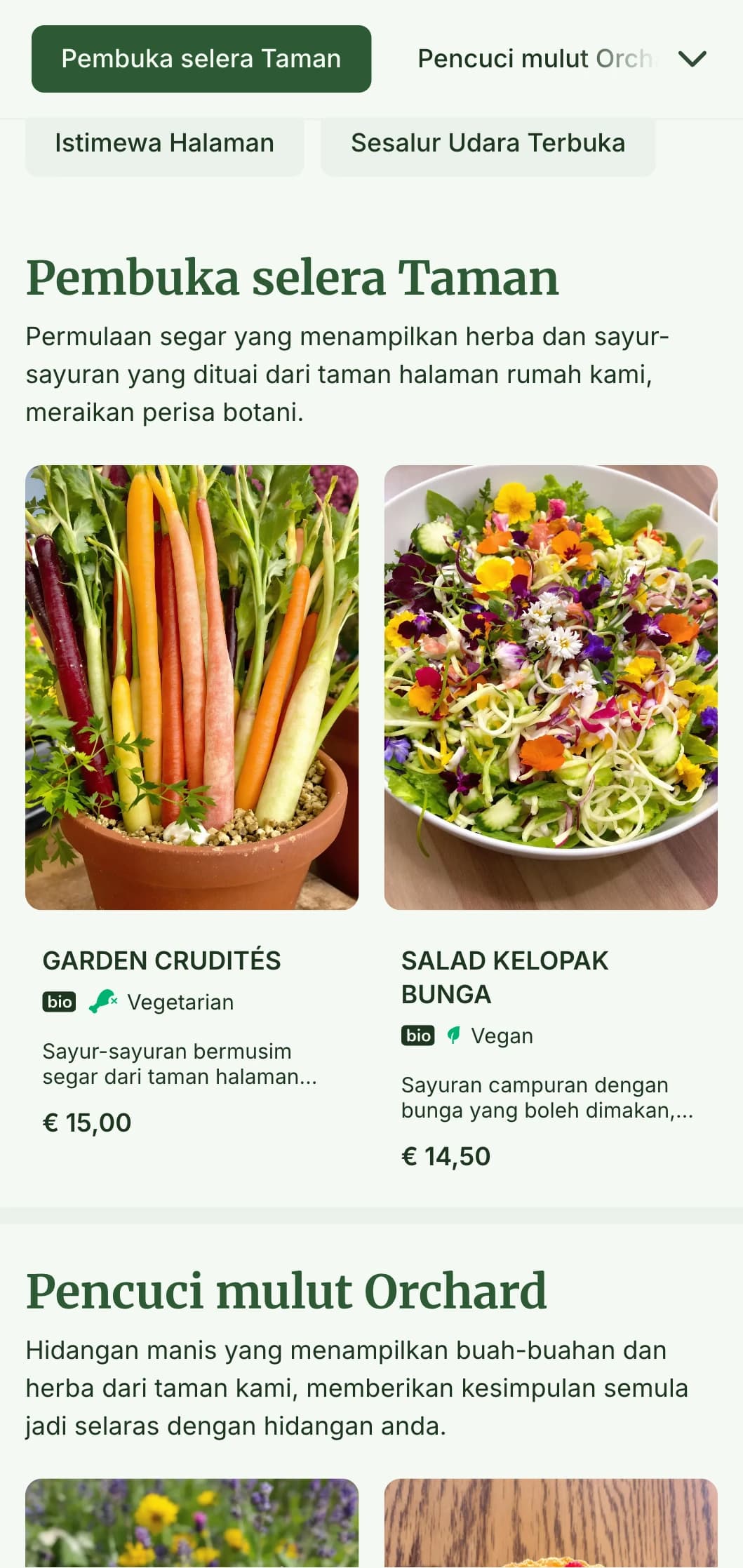 Reka bentuk menu makan tengah hari yang tenang dan diilhamkan oleh taman dengan sentuhan botani dan warna-warna segar, sesuai untuk kafe luaran dan restoran dengan tempat duduk di halaman.