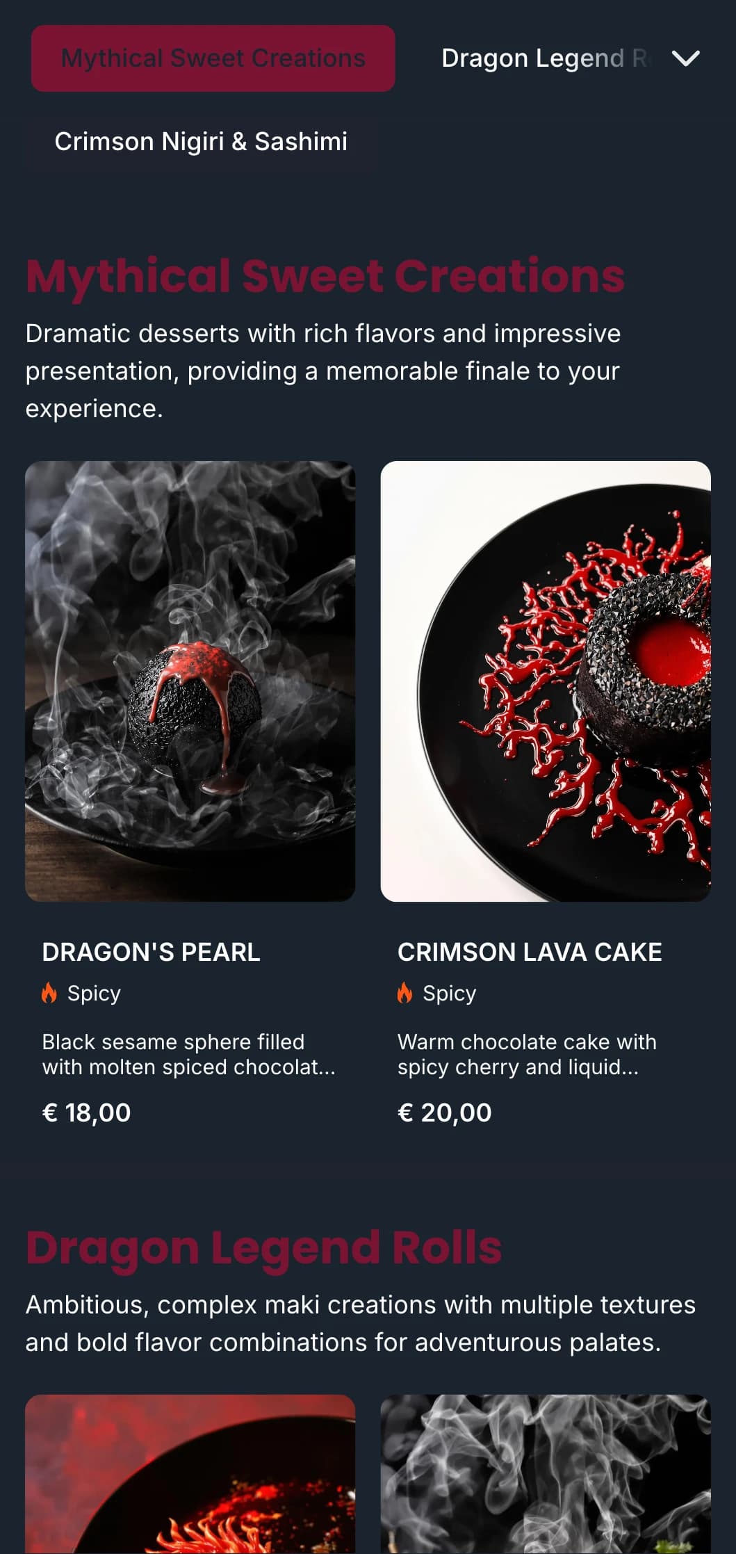 Bold, dramatic sushi menu with rich red tones inspired by traditional Japanese dragon mythology.