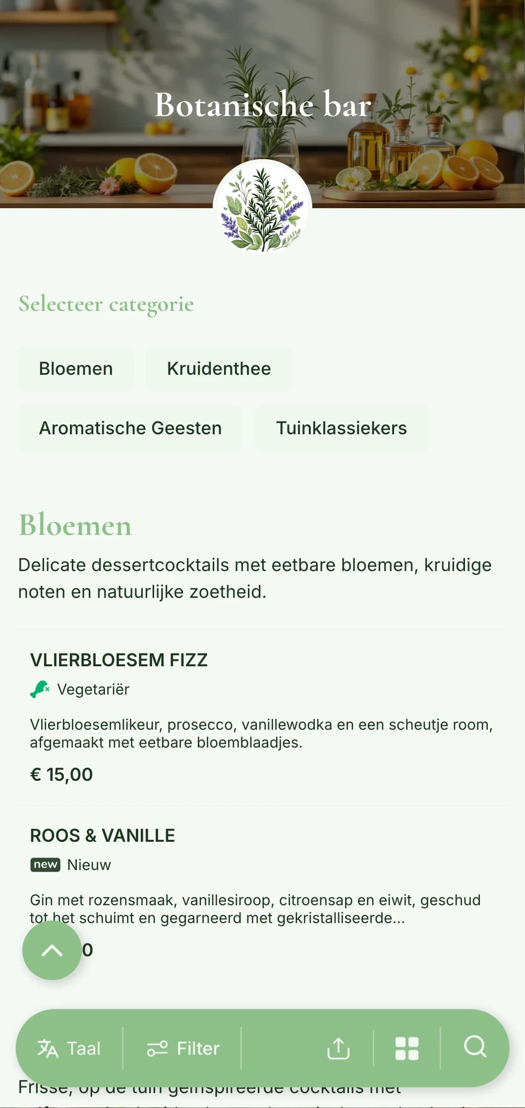 Een fris, op de tuin geïnspireerd menuontwerp voor bars die gespecialiseerd zijn in cocktails met kruiden en botanische cocktails.